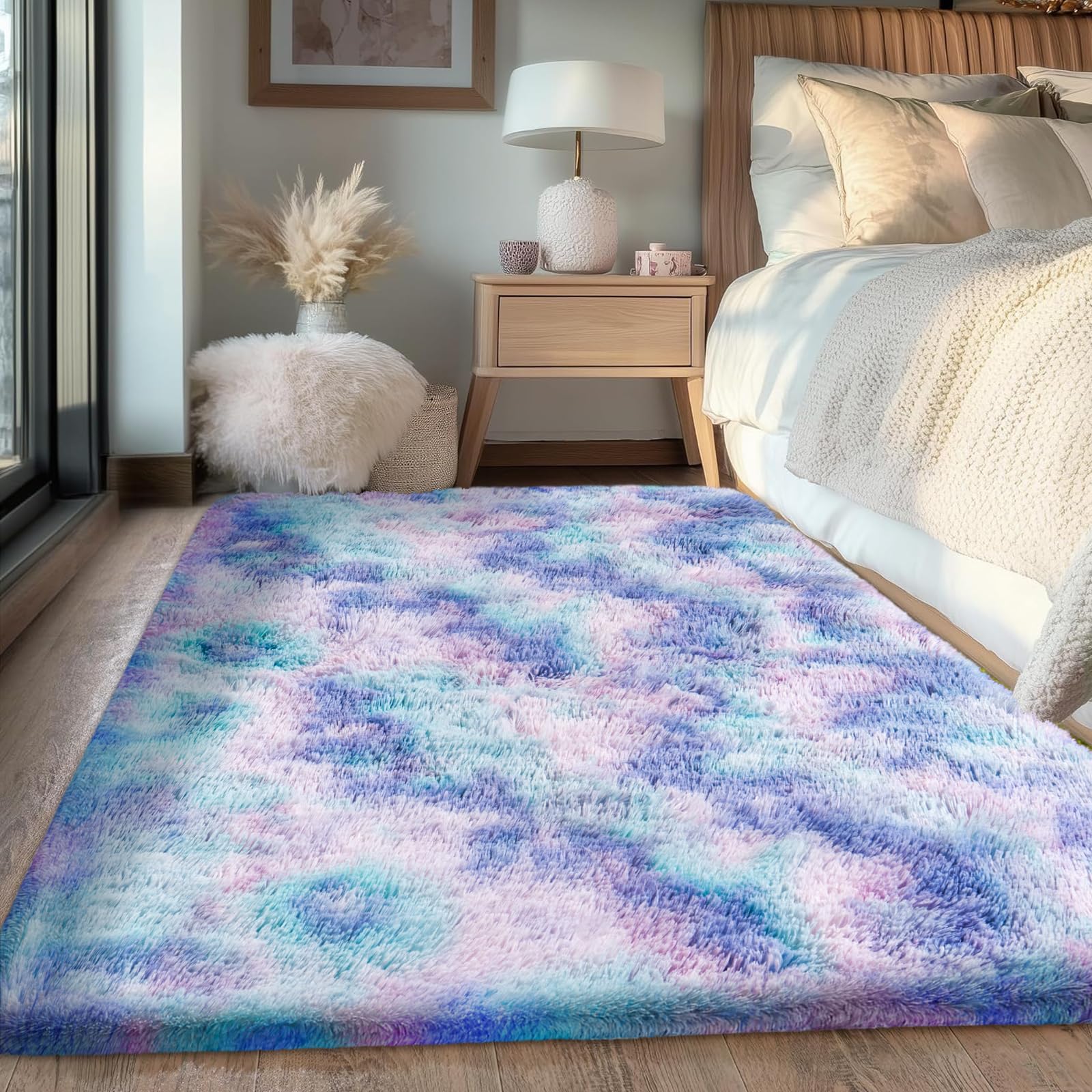 FVVRAX 90x150cm Ultra-Plush Blue Rainbow Shaggy Area Rug for Bedroom & Living Room – Machine Washable Luxury Tie-Dyed Carpet, Non-Slip Fluffy Floor Mat for Cosy Homes, Nursery & Dorm Decor — image 1