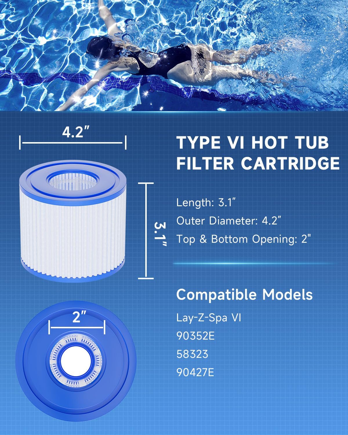 AQUALTRA Type VI Hot Tub Filters Cartridge Compatible with Lay-Z Spa, 90352E 58323E 58323 58324 90427E Inflatable Hot Tub Filters 4.2 x 3.1 Inches 4 Pack - Image 3