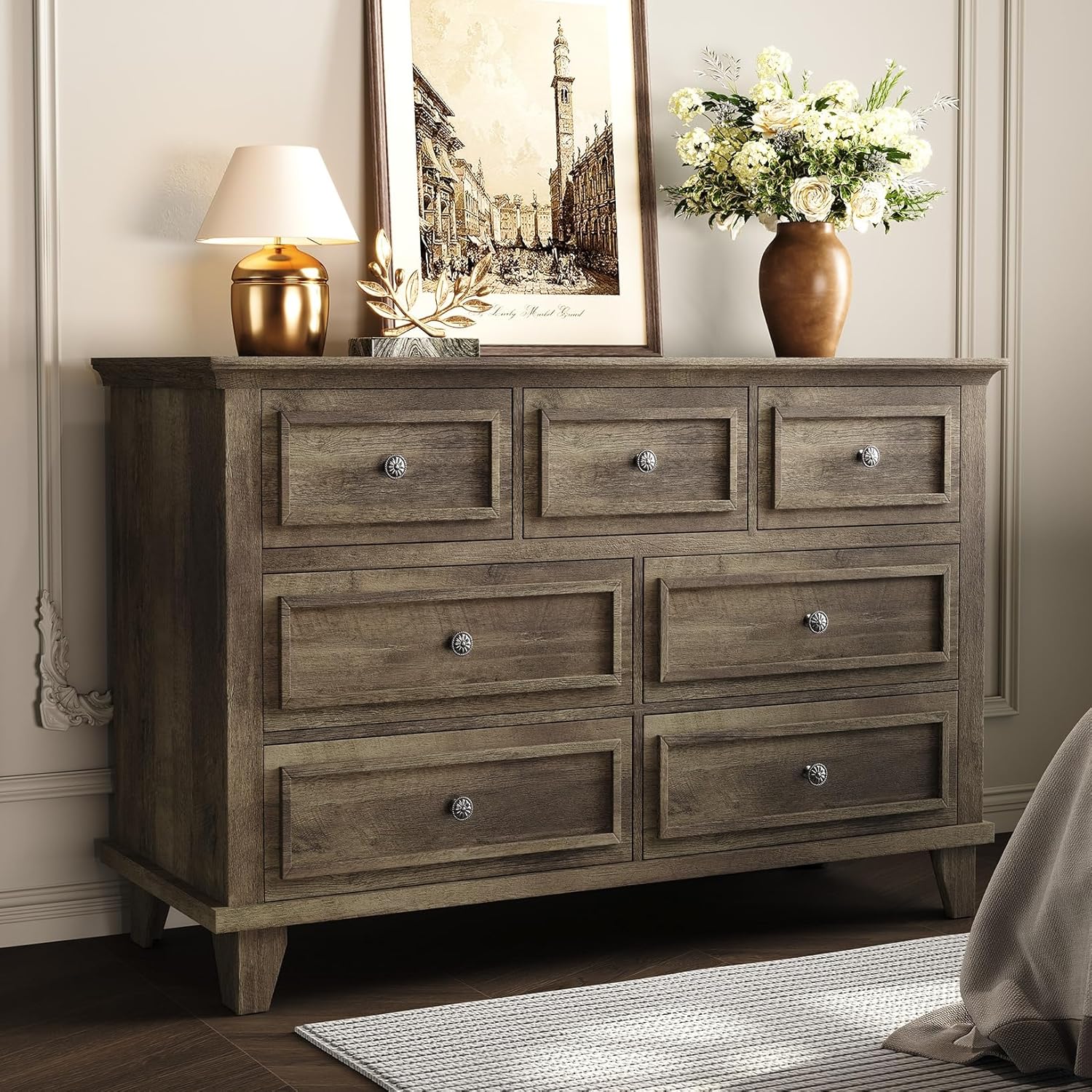 GAOMON Grey Dresser, 7 Drawer Dresser for Bedroom, 47" W Chest of Drawers with Deep Drawers, Closet Dressers with Metal Handle, Thickened Desktop, Wood Rustic Drawers for Hallway, Entryway, Closet