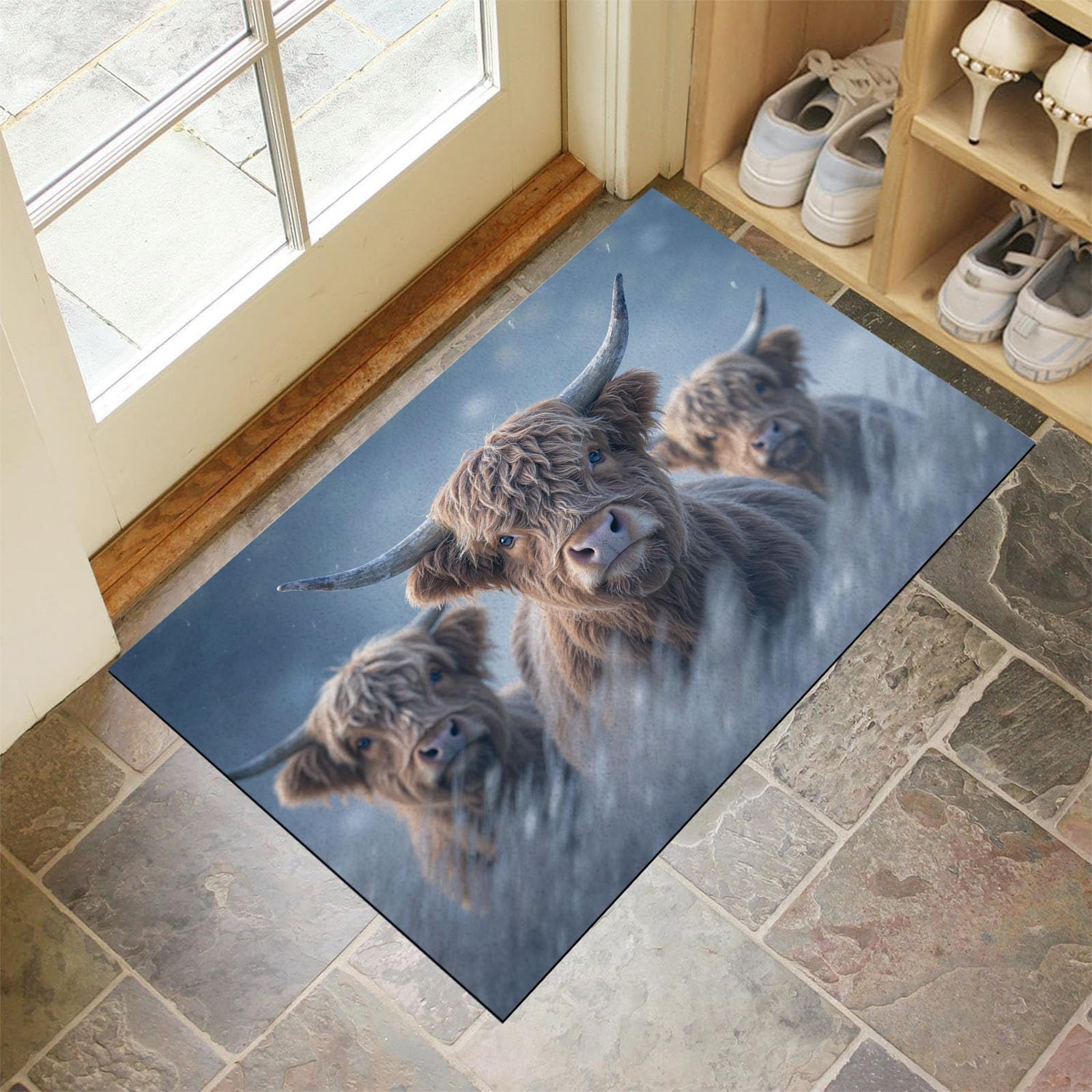 Tapis Entrée Absorbant et Lavable en Machine 40x60cm Motif Bétail des Highlands