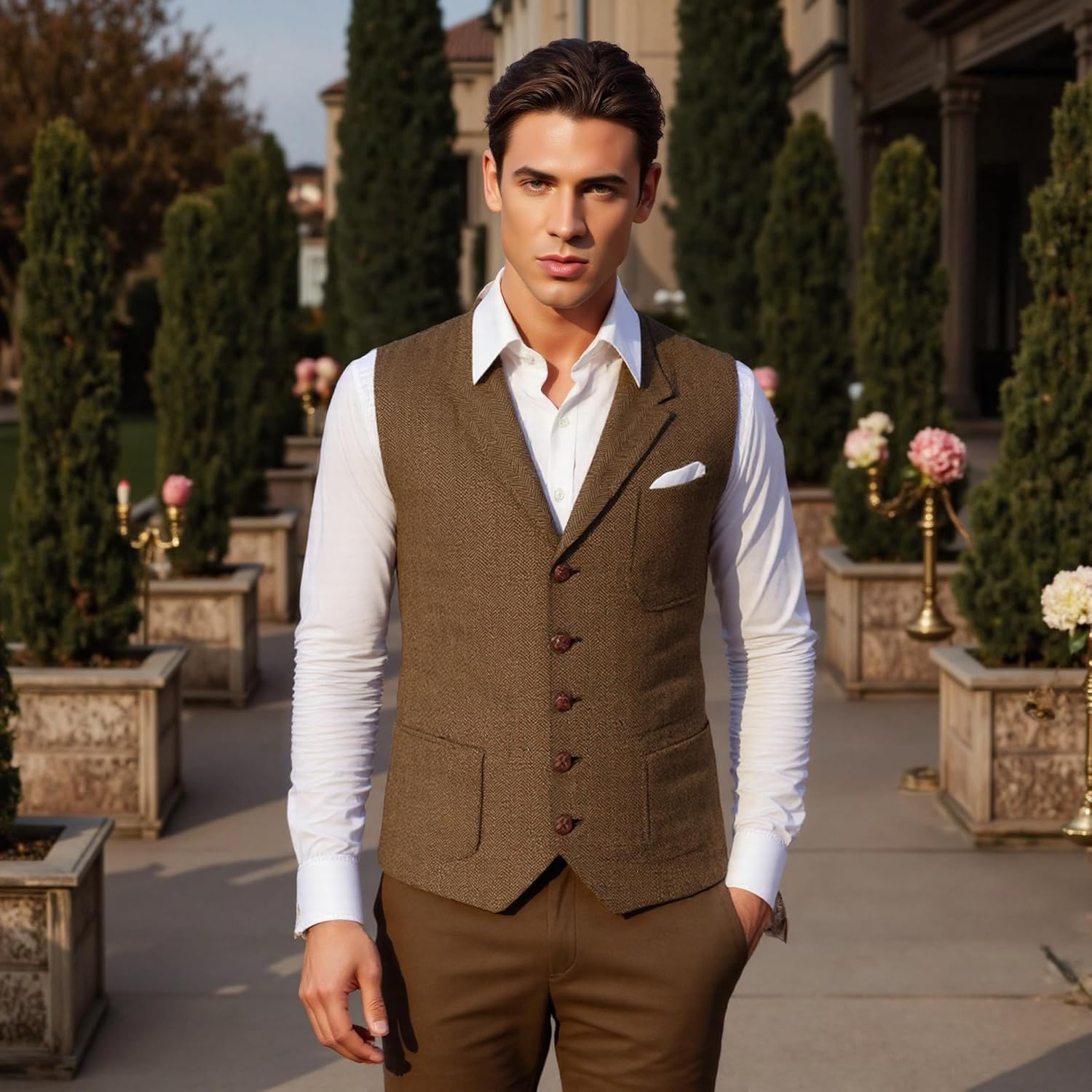 Mens Retro Suit Vest Tweed Wool Regular Fit Dress Waistcoat Herringbone for Jacket - Image 5