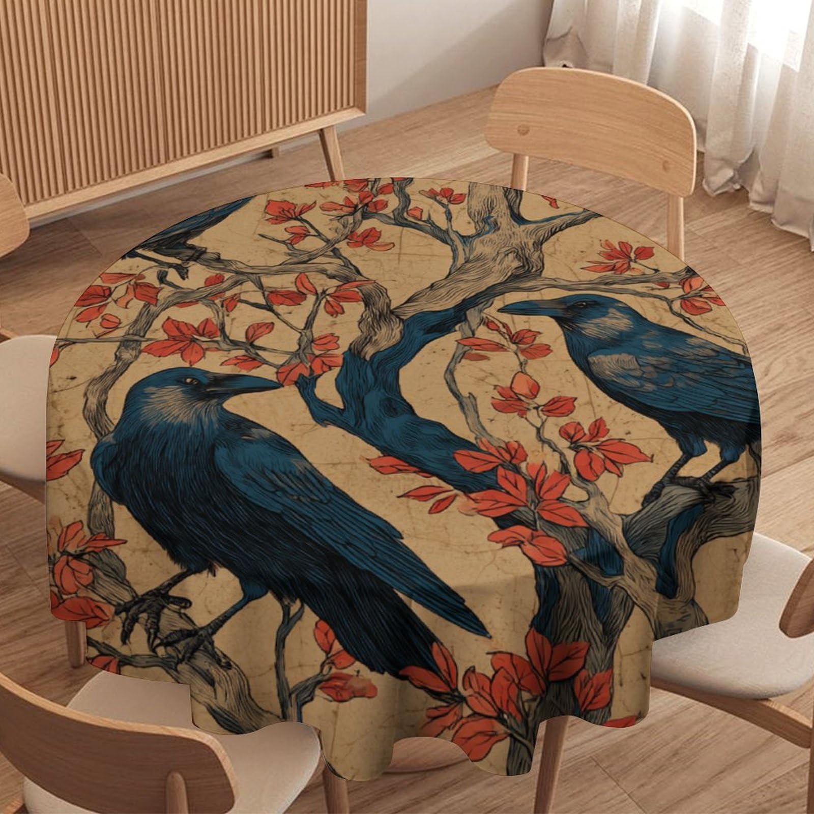 LUYYSKY Rustic Abstract Black Crows Waterproof Round Tablecloth Antique Ink Painting Trees Animals Raven Pattern Washable Table Cover for Kitchen-60 Wx60 L