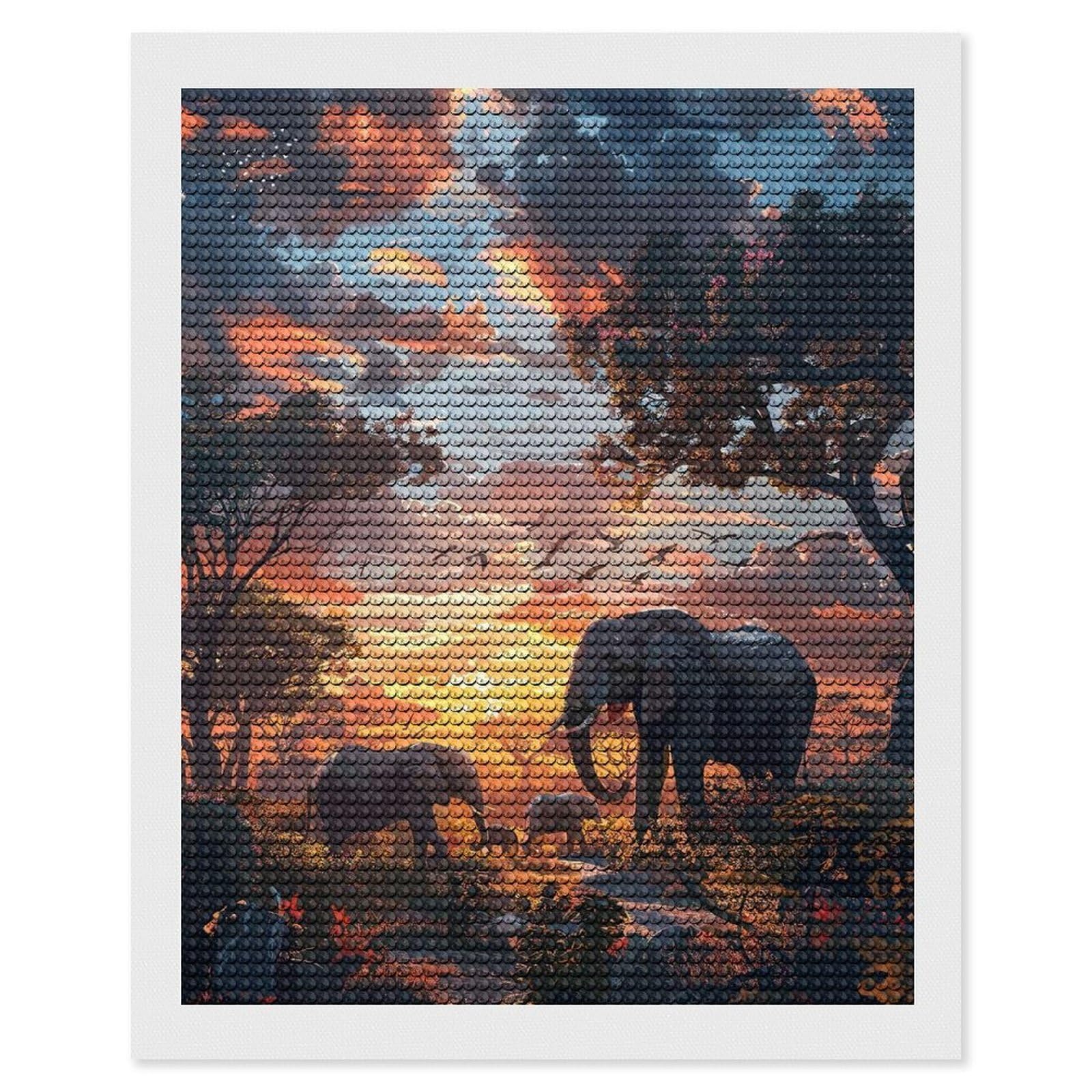 Junmoney Elephants Nature SynthWave Diamond Art Canvas 16"x20", Easy Handmade Project, Complete Accessories, Bedroom Decor, Birthday Gift