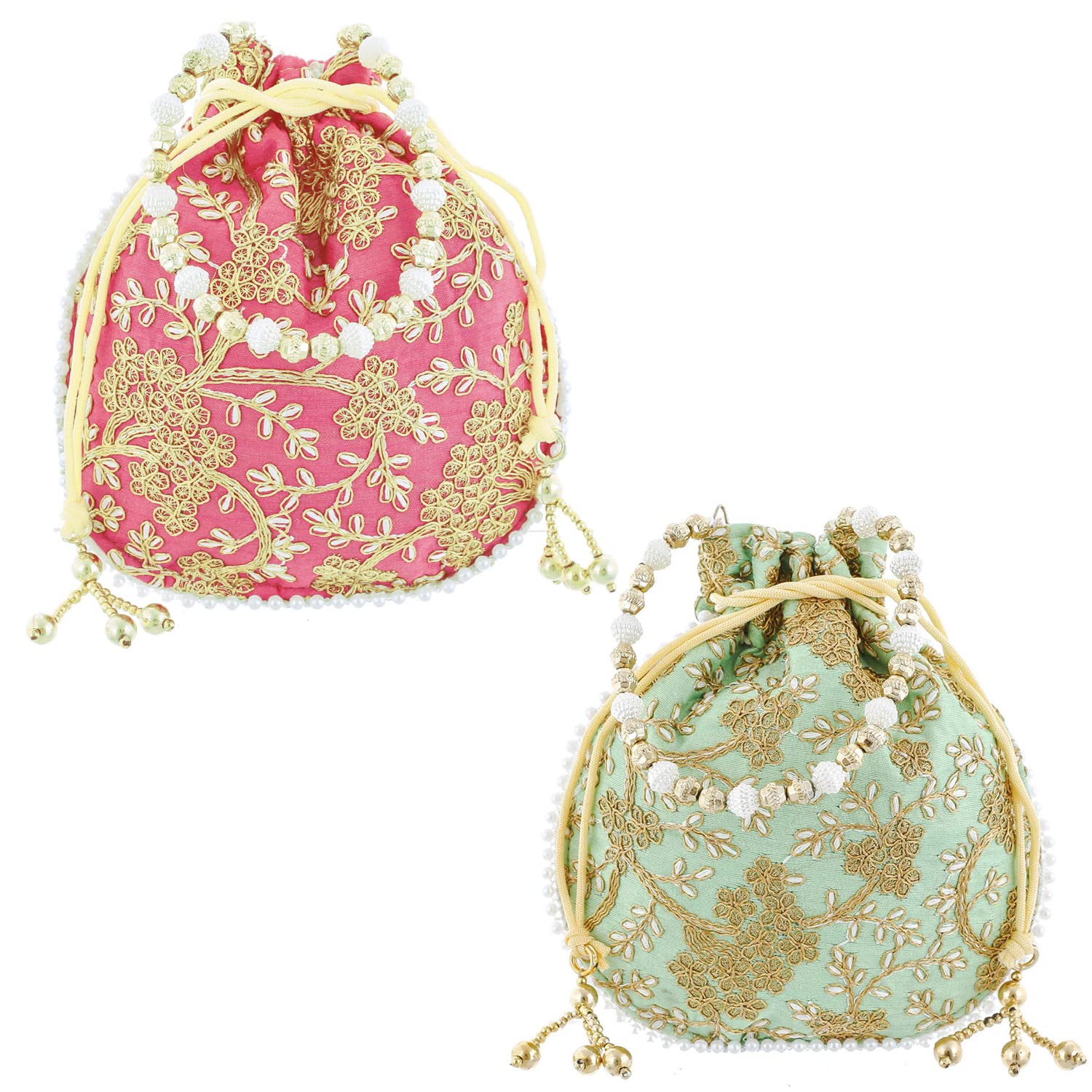 Kuber Industries Embroidery Drawstring Potli|Hand Purse With Gold Pearl Border & Handle For Woman,Girls Pack of 2 (Green & Light Pink)-picture-12