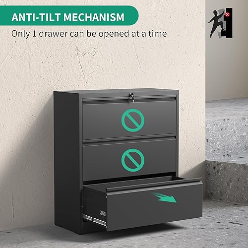 Miniatura 5 de Archivadores laterales de 3 cajones con cerradura, archivador lateral de metal para oficina en casa, gabinete de almacenamiento de acero ancho para