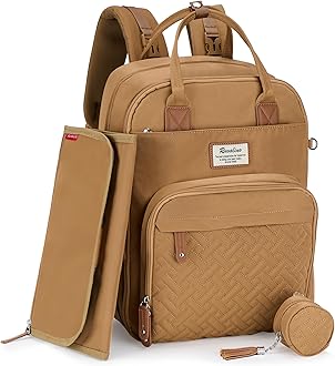 RUVALINO Diaper Bag Backpack, Multifunction Travel Pack Maternity Baby Changing Bags, Large Capacity, Waterproof, Golden Brown