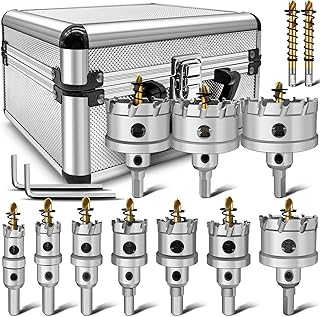 TCT 12 pcs Carbide Hole Saw Kit for Hard Metal, Heavy Duty Carbide Tungsten Carbide Tipped Hole Saw Set, with 1 Aluminum Box 2 Extra Pilot Drill Bits and 2 Hex Key