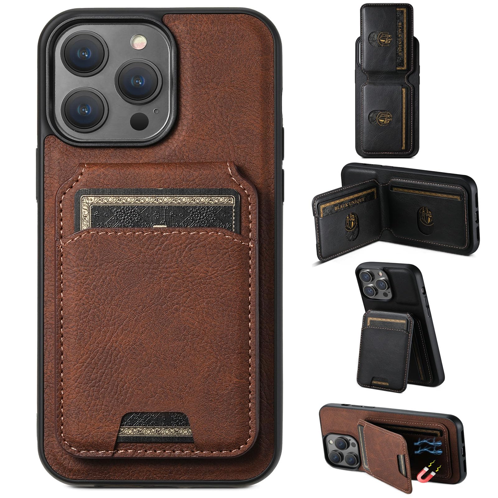 Generic Geupday Leather Card Holder Phone Case, Magnetic Stand, Wireless Charging, Leather Cover 2 in 1 Detachable Card, Geupday Phone Case for iPhone 15 14 13 12 Pro Max Plus (Brown,for iPhone 12)