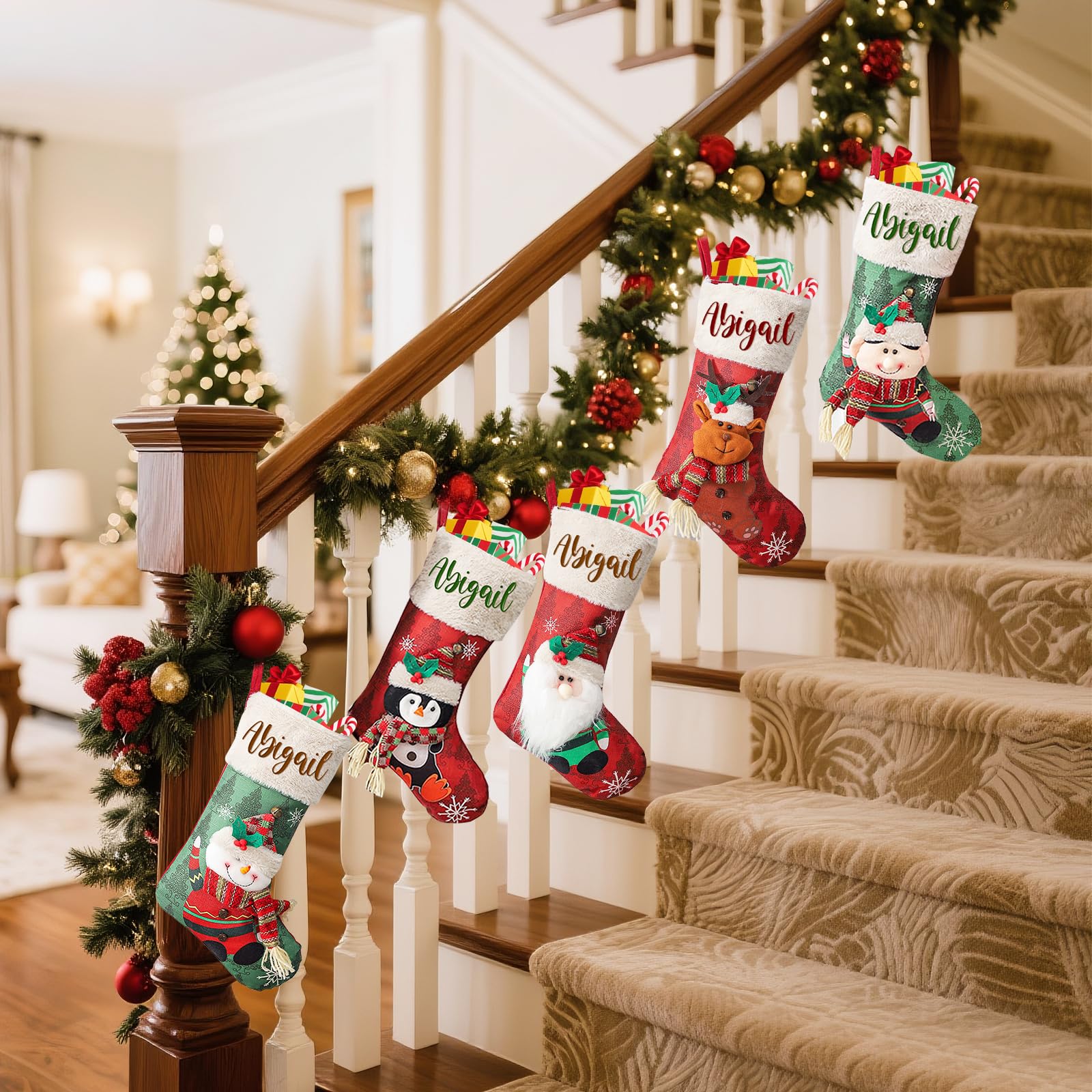 Nikolausstrumpf Personalisiert mit Namen Kinder, 46 cm Große Weihnachtsstrumpf zum Aufhängen & Befüllen, 4er Set Familie Weihnachtssocken Kamin Personalisierter Nikolausstiefel Weihnachtsdeko