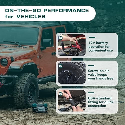 Miniatura 6 de Compresor de aire resistente 12V inflador de neumáticos, cilindro dual 125PSI con manómetro en línea, 10.6CFM inflación rápida para vehículos todo