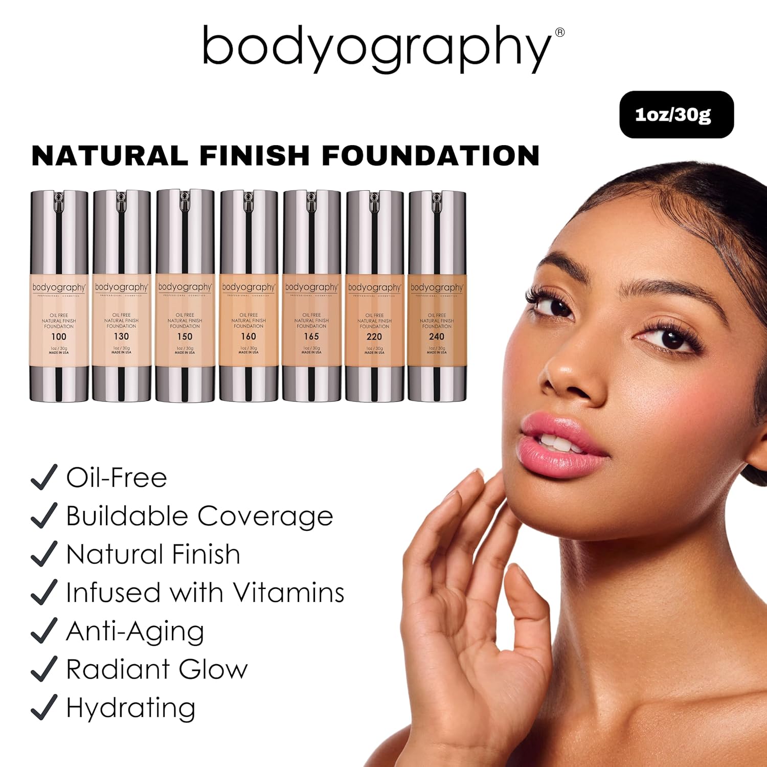 Bodyography Natural Finish Foundation (Medium/Dark/Cool #220) | Oil-Free, Anti-Aging Salon Foundation with Vitamin E & C | Photo-Ready, Skin-Perfecting Coverage | Vegan, Gluten-Free, Paraben-Free - Image 6