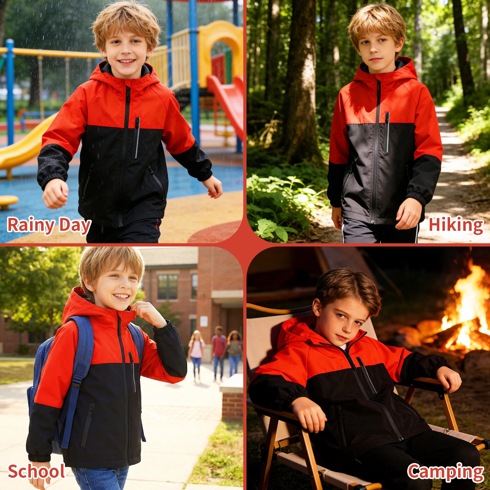 Veste Enfants, Manteau Imperméable avec Bandes Réfléchissantes et Poches Zippées, Léger Capuche Blouson Coupe-vent, Filles Garçons Vêtements D'extérieur de Pluie École pour Âge 5-13