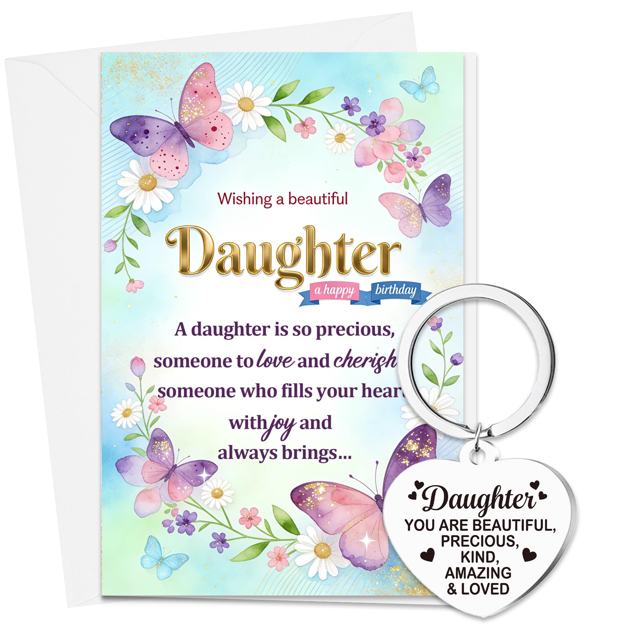 Daughter Birthday Card with Heart Keyring Gift from Mum Dad