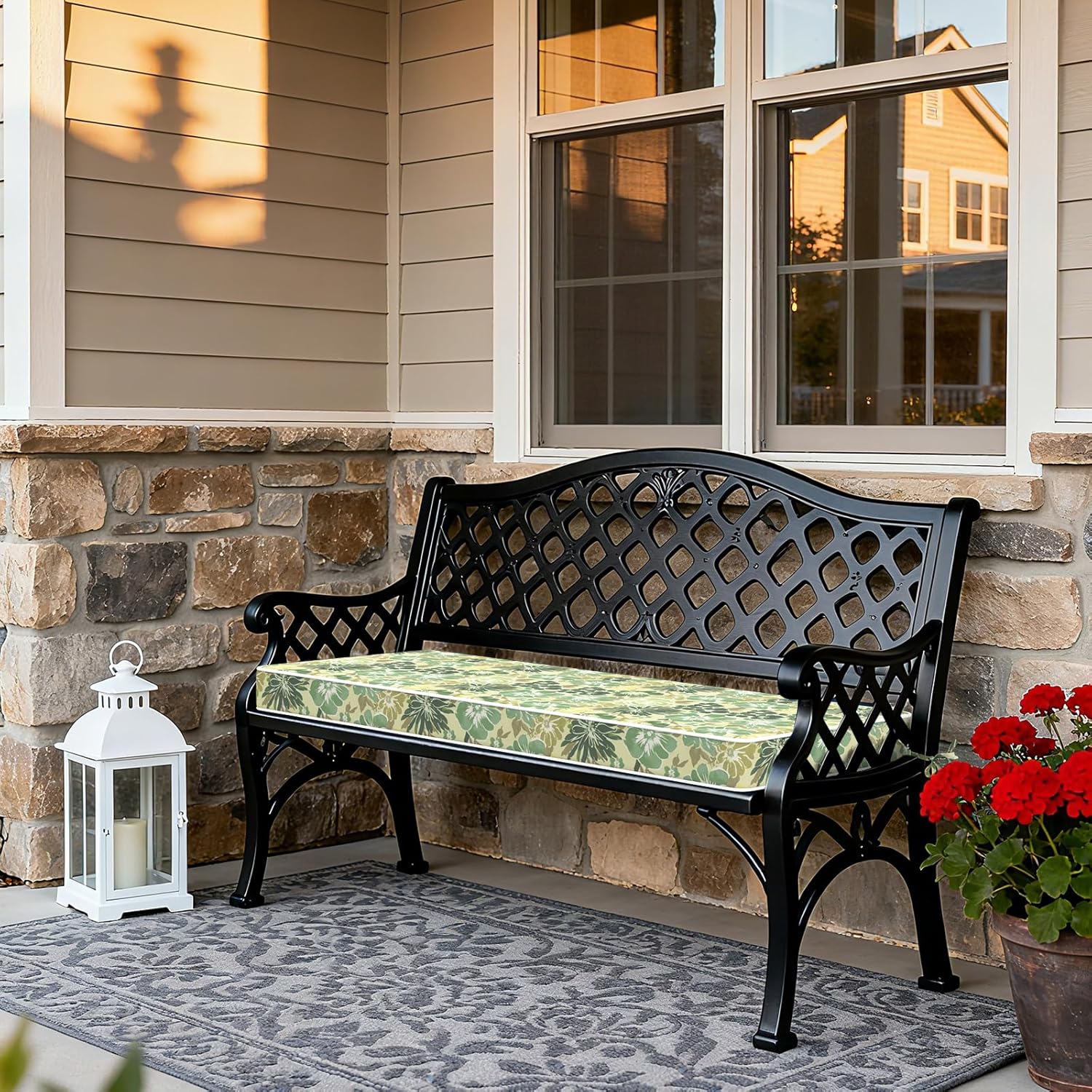 Outdoor Bench Cushion 48 x 18 Inch with Ties, Fade Resistant & Waterproof Patio Furniture Decorative Cushions Settee Couch for Chair Garden Sofa, Green Rose