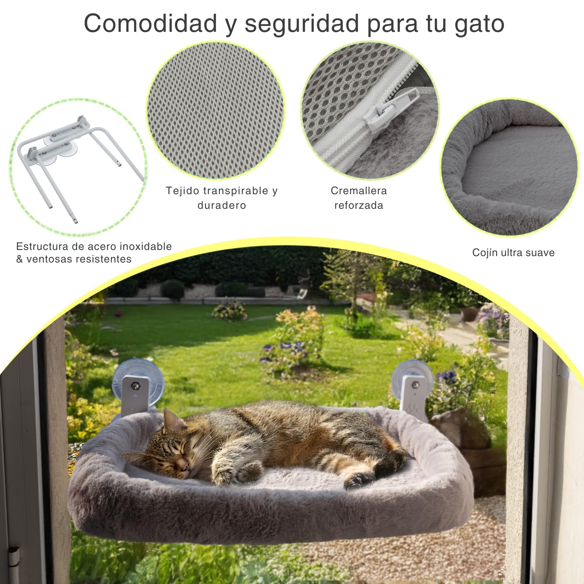 Hamaca Gato Ventana con Cojín Lavable y Ventosas Fuertes – Cama Gato Estable y Cómoda para Ventana, Hamaca para Gatos, Refugio Suave y Fresco para Gatos Felices