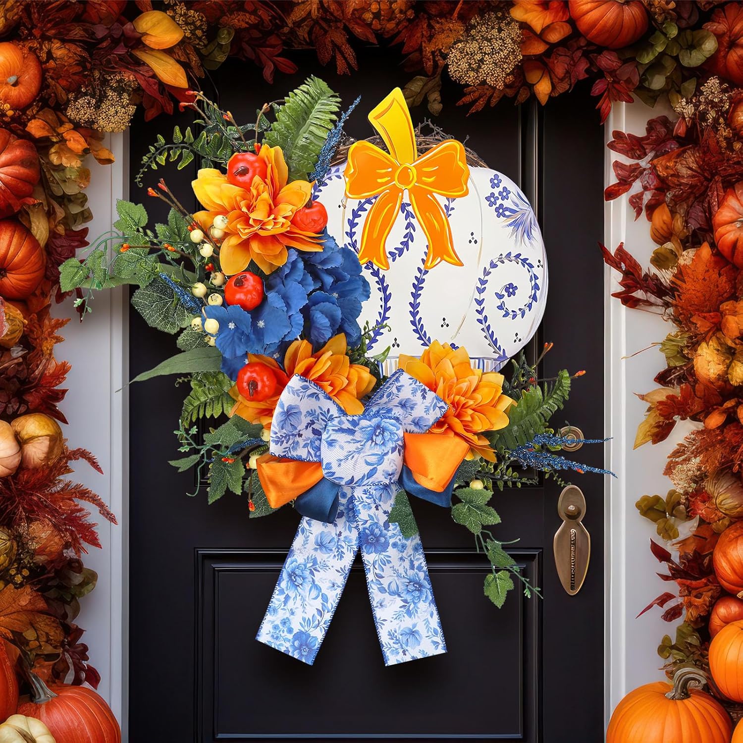 Fall Chinoiserie Pumpkin Wreath Autumn Blue and White Hanging Door Decorations Floral Berries Wreath with Bow Chinoiserie Pumpkin Wooden Board for Thanksgiving Farmhouse Home Outdoor