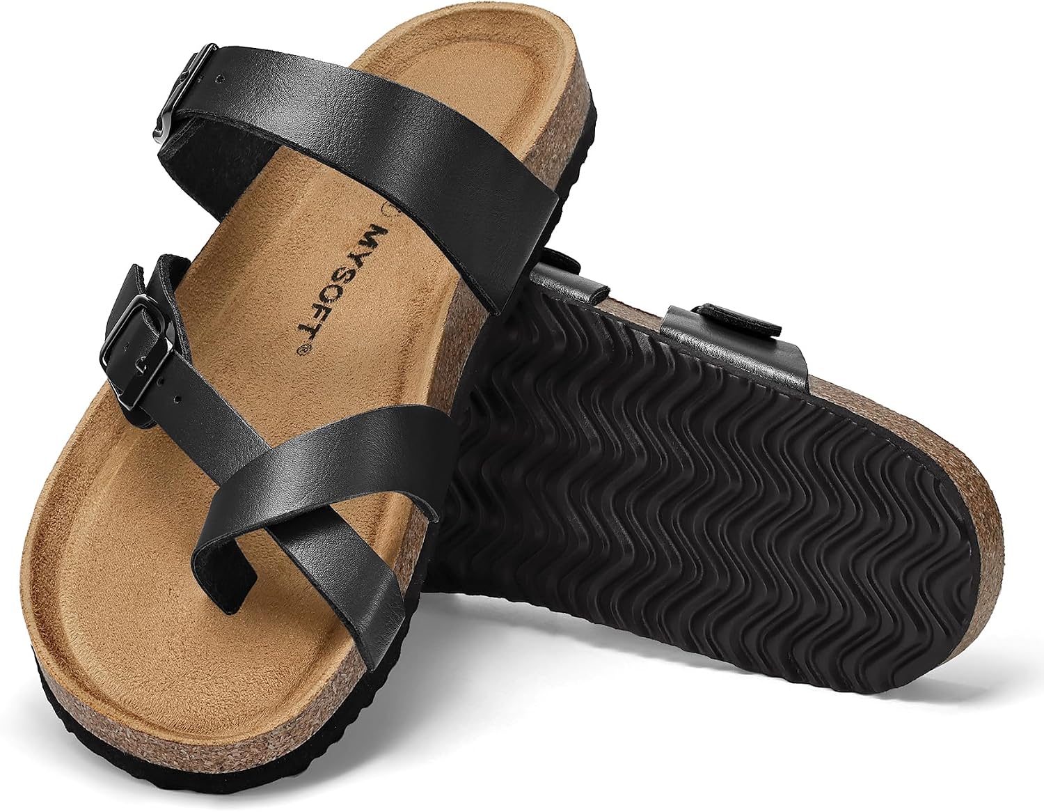 mysoft Women's Cork Footbed Sandals Double Adjustable Buckle Slide Sandals Slip On Walking Summer Shoes