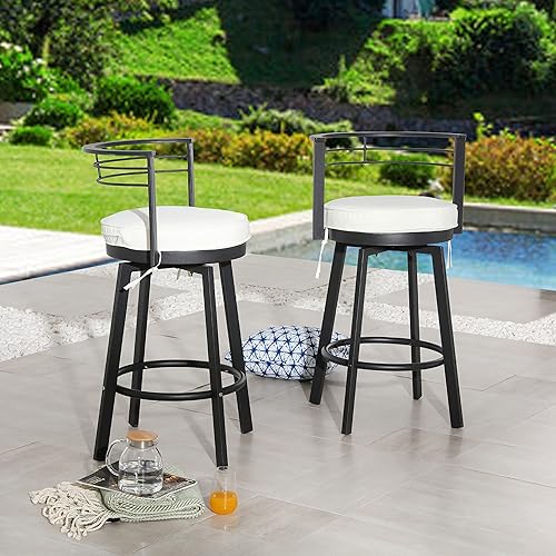 LOKATSE HOME Juego de 2 taburetes de bar giratorios para exteriores, muebles de bistró sin brazos, sillas de metal con cojín