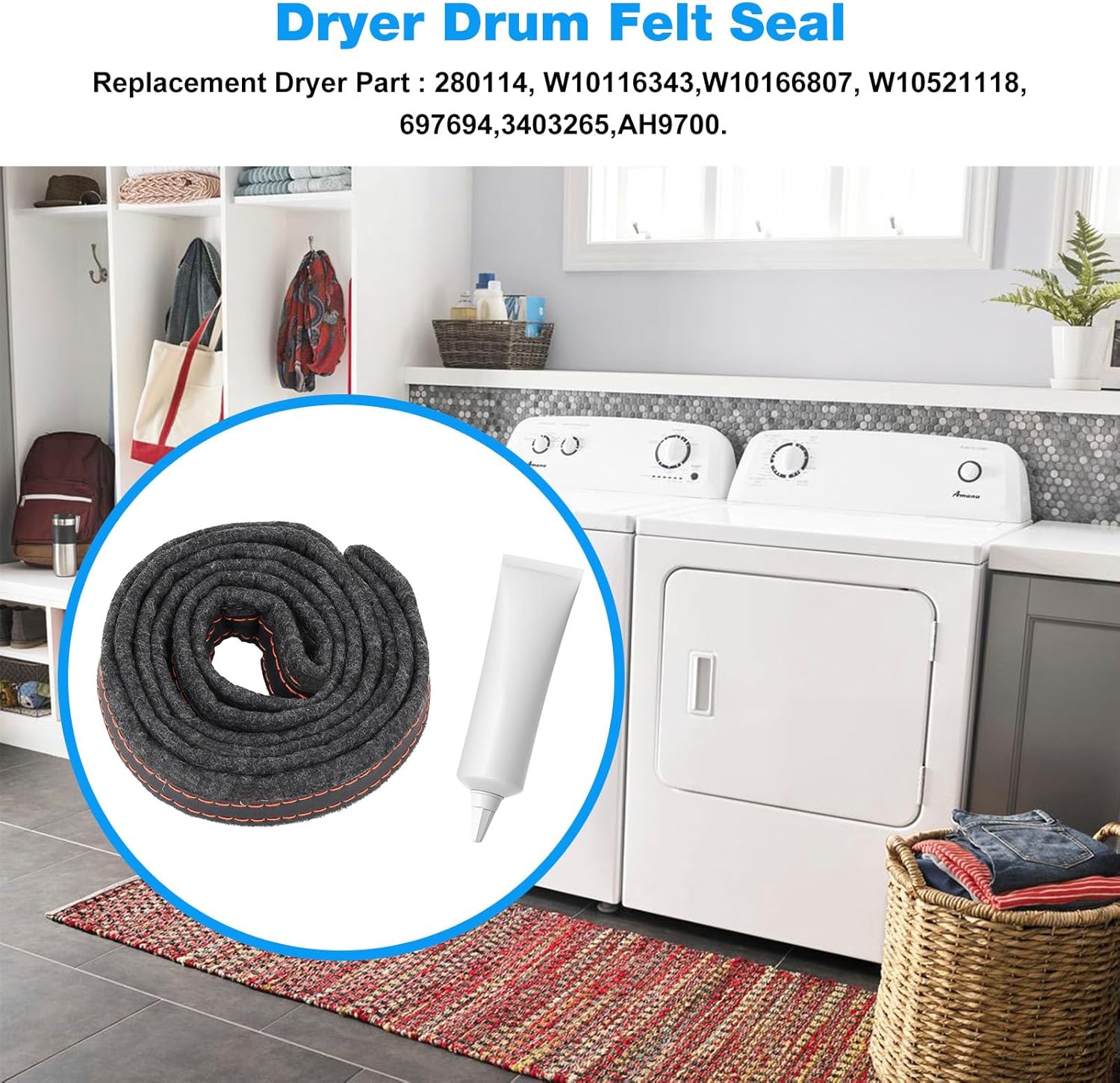 280114 -WP280114 Dryer Drum Felt Seal Replacement Whirlpool Kenmore Maytag KitchenAid 280114,W10116343,W10166807,PS970088,697694,W10521118,3403265