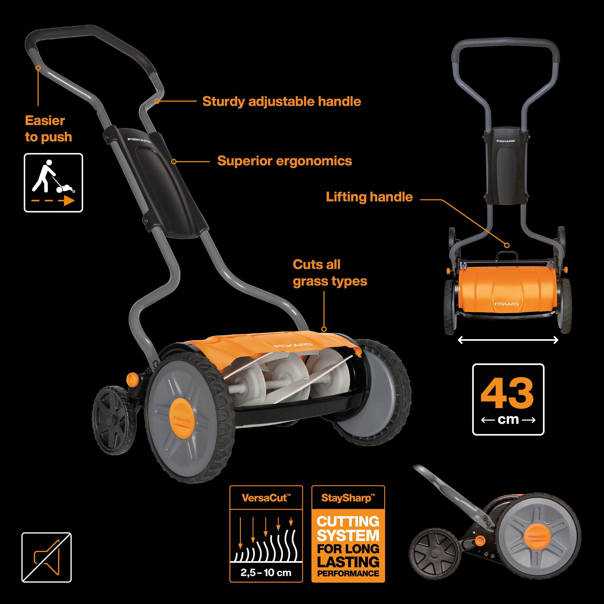 Fiskars Cortacésped manual, Cortacésped cilíndrico con sistema de corte sin fricción de las cuchillas, Largo de corte: 43 cm, StaySharp Plus, Negro/Naranja/Plateado, 1015649