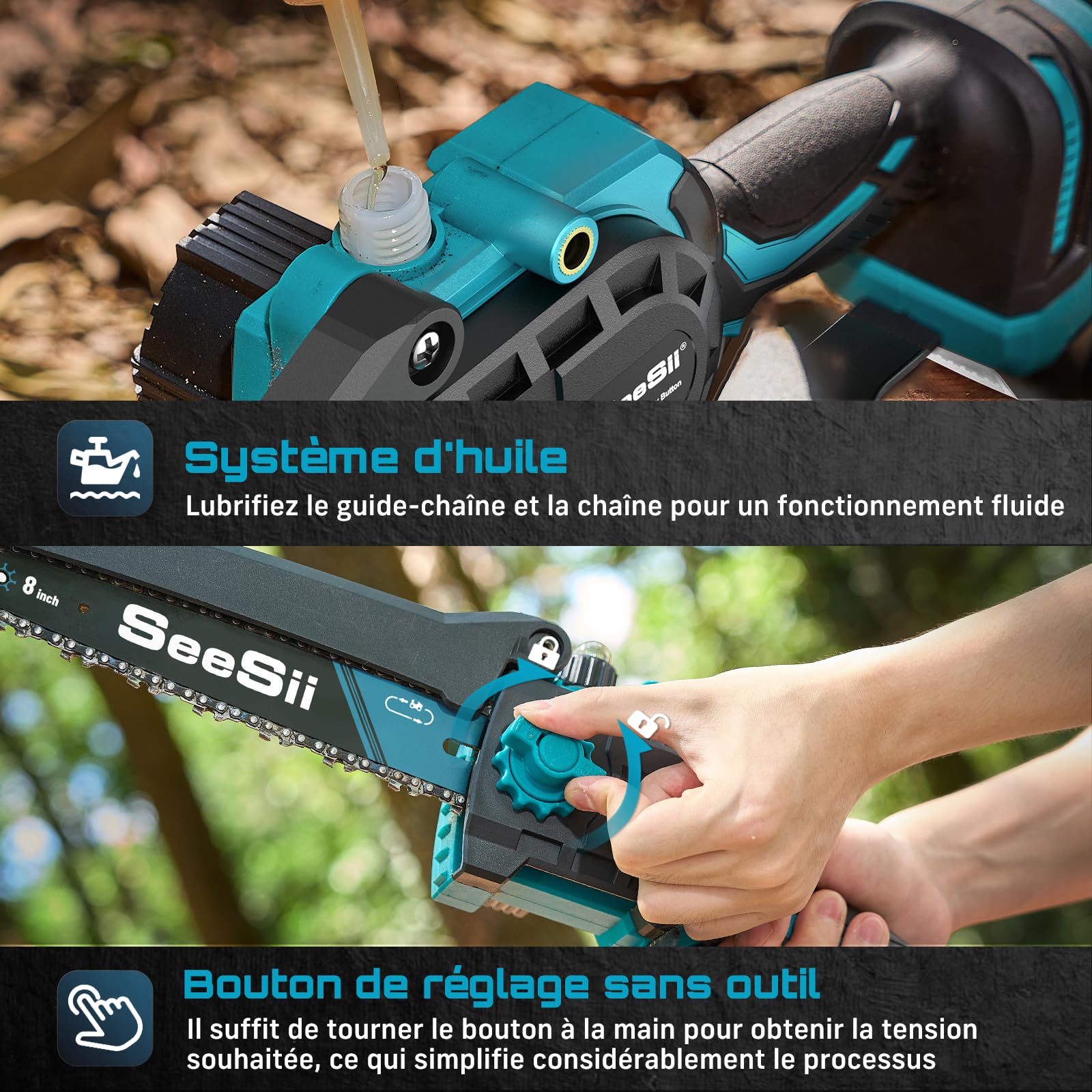 SEESII PS810 Mini Tronconneuse & Elagueuse sur Perche 8 Pouces, 2-en-1 Tronconneuse a Batterie, avec 2 x 4000 mAh Batteries, Portée 4,87 M, Système D'huile Automatique, pour Branches et Jardin
