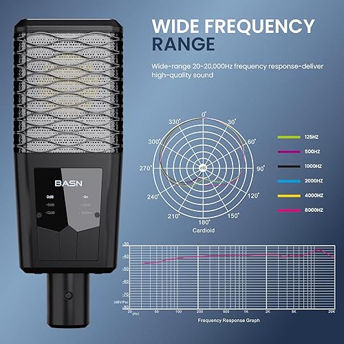 Miniatura 4 de BASN BMS2 Micrófono de condensador cardioide, micrófono de grabación XLR de estudio de diafragma grande para podcasting, canto, transmisión (negro)