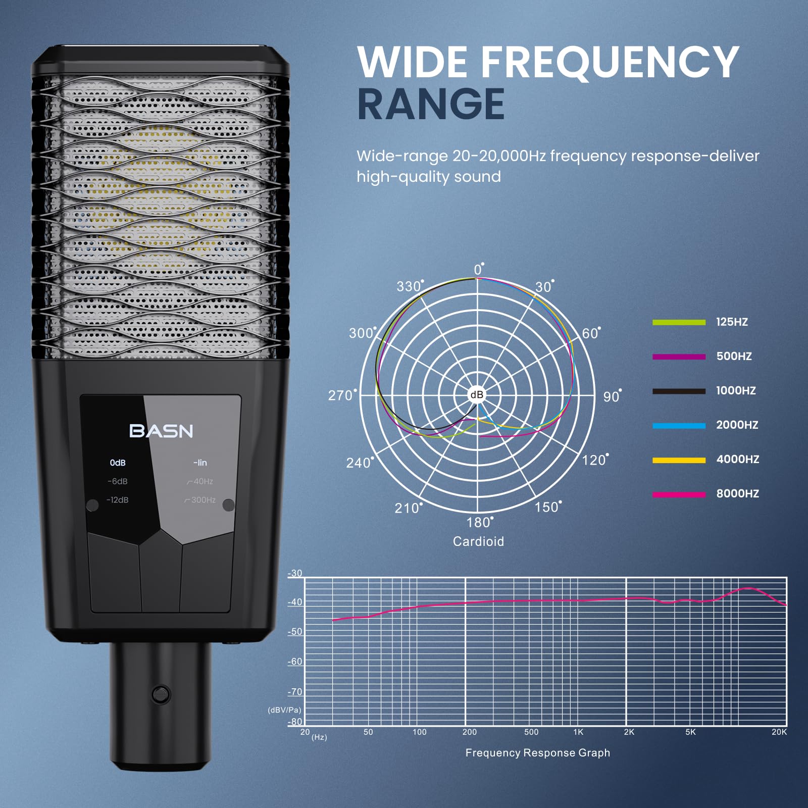 BASN BMS2 Großmembran Nierencharakteristik Tonabnehmer Studio Kondensator XLR Mikrofon geeignet für Aufnahme, Podcasting, Singen, Streaming (Schwarz)