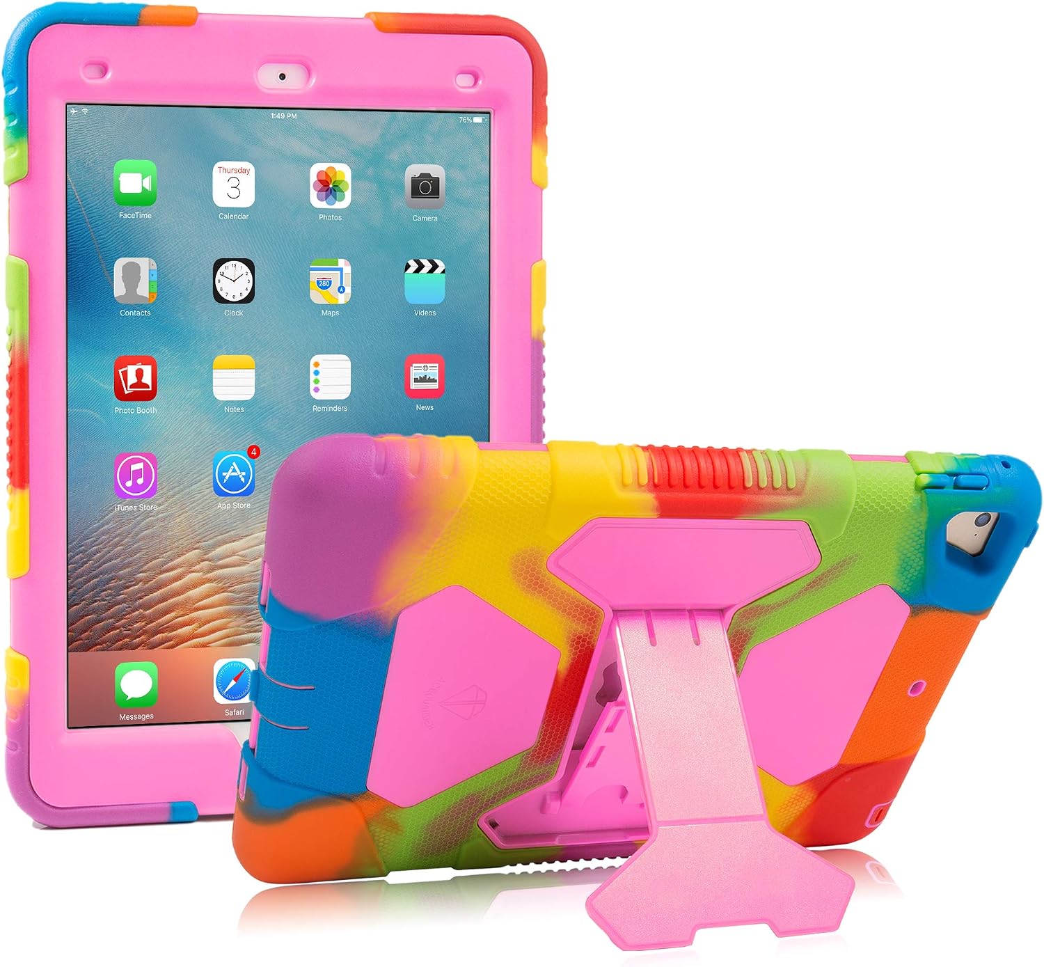 iPad 9.7 2018/2017, iPad Air 2, iPad Pro 9.7 Case for Kids Full Body Protective Shockproof Cover with Adjustable Kickstand for iPad 9.7 5th / 6th Generation (Rainbow/Pink)