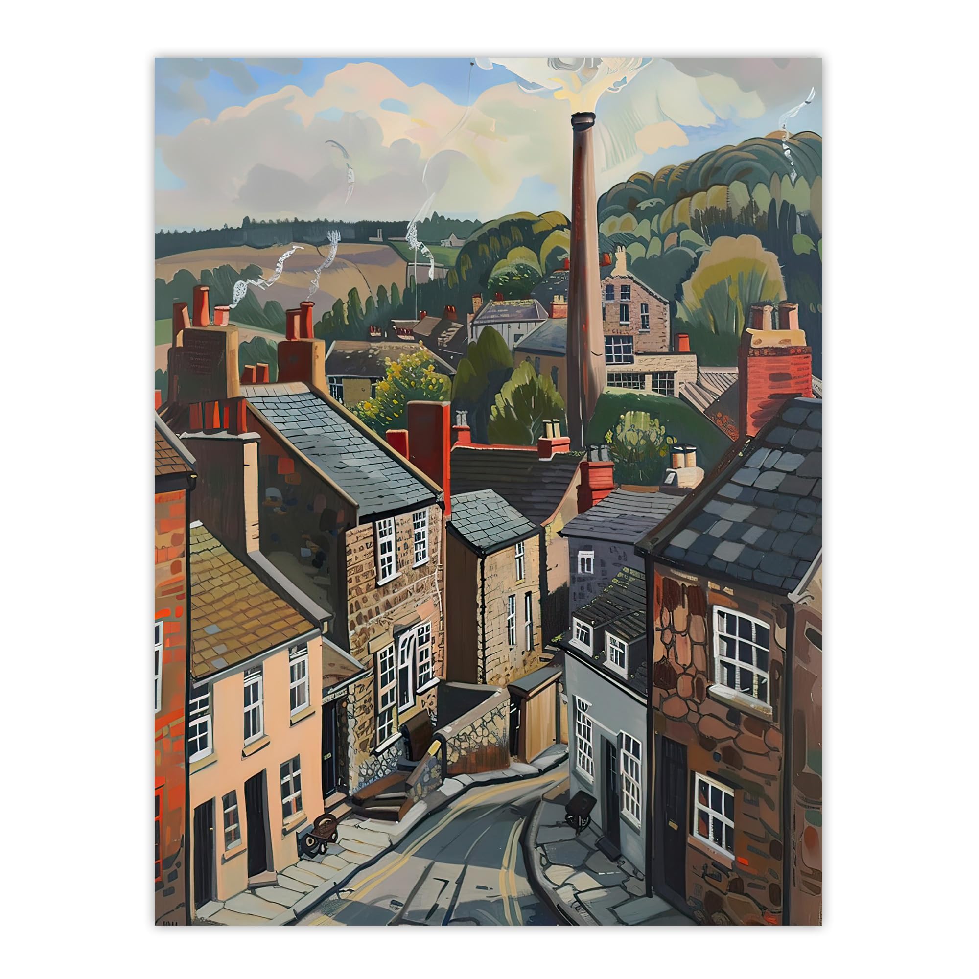 Traditional Northern English Village Painting - Wall Art Print - Artery8 - W24 inch x H32 inch - Brown