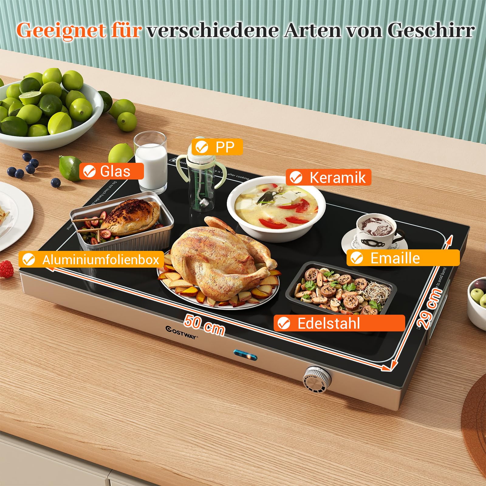 COSTWAY Warmhalteplatte elektrisch, Speisewärmer mit Gehärteter Glasoberfläche und Thermostat bis 120℃, Warmhaltegerät Buffetwärmer Edelstahl für Buffets, Partys 56,5 x 37 cm
