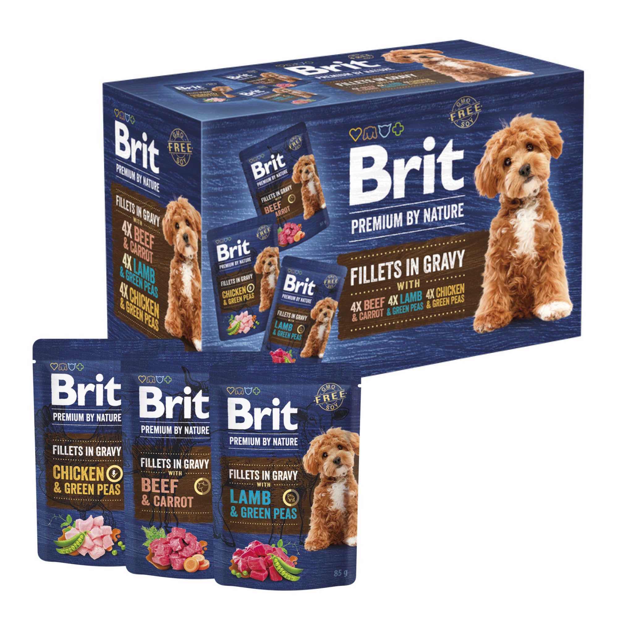 Brit Premium by Nature zestaw mokrej karmy dla dorosłych psów, 3 x filety w sosie, kurczaku, wołowinie i jagnięcinie, pełna karma, 12 x 85 g