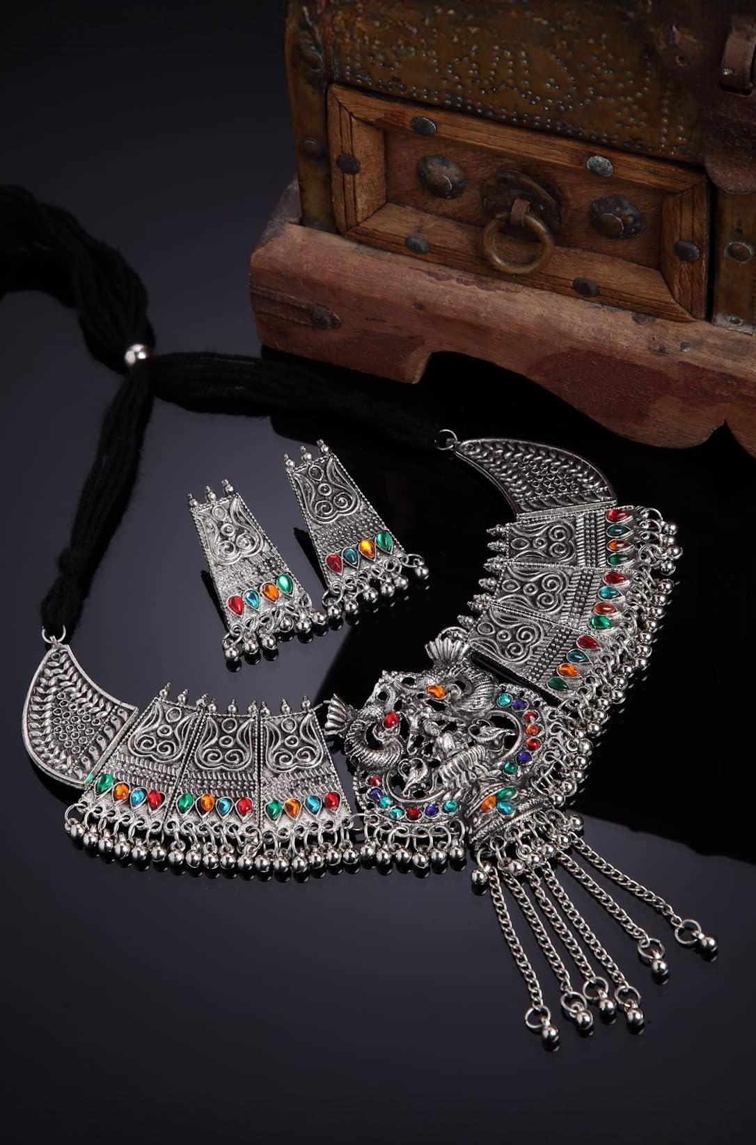 Shining Diva Fashion Latest Stylish Traditional Oxidised Silver Necklace Jewellery Set for Women (13116s)