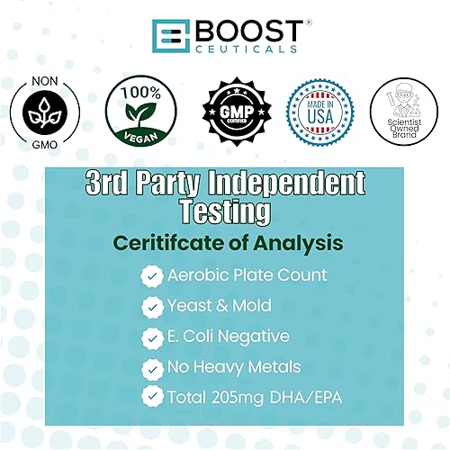 Miniatura 5 de BoostCeuticals Suplemento de algas veganas Omega 3 60-155 mg DHA + 55 mg EPA (210 mg DHAEPA total) Dosis de mantenimiento suave alternativa