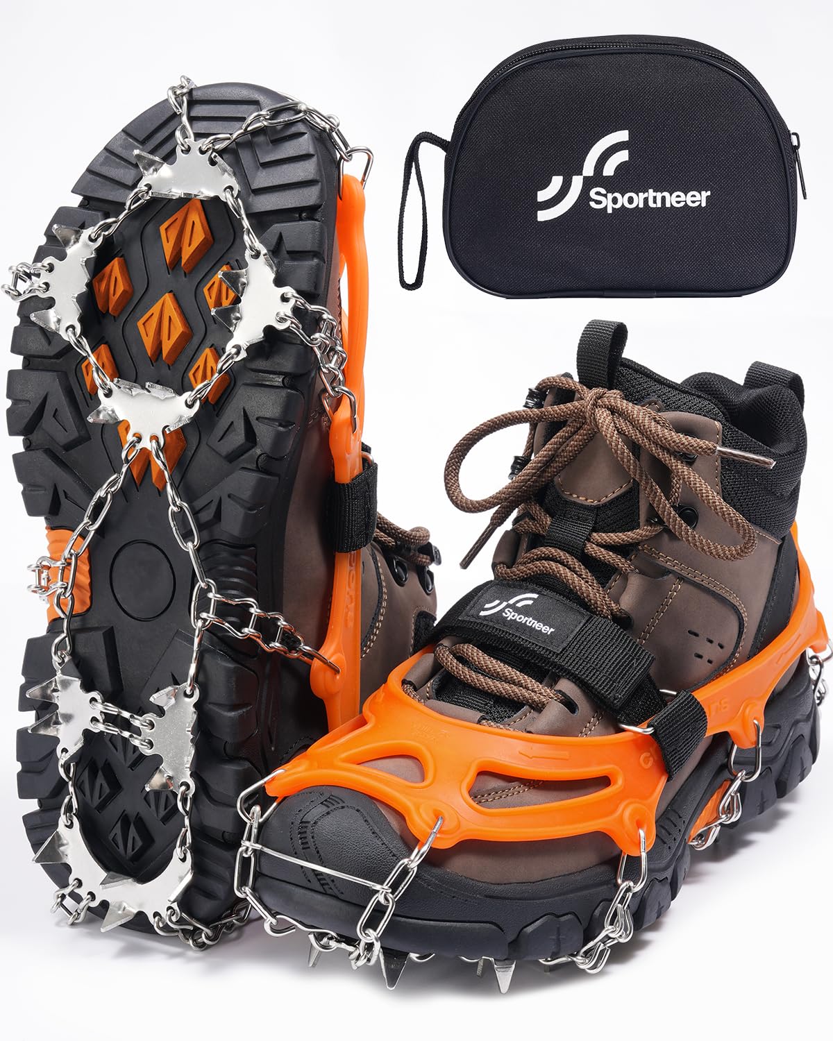 Sportneer Crampones para Nieve Deportivos 28 Dientes, Ajuste Universal para Hombre y Mujer, Tracción para Caminar, Trotar, Senderismo y Pasear Perros en Invierno