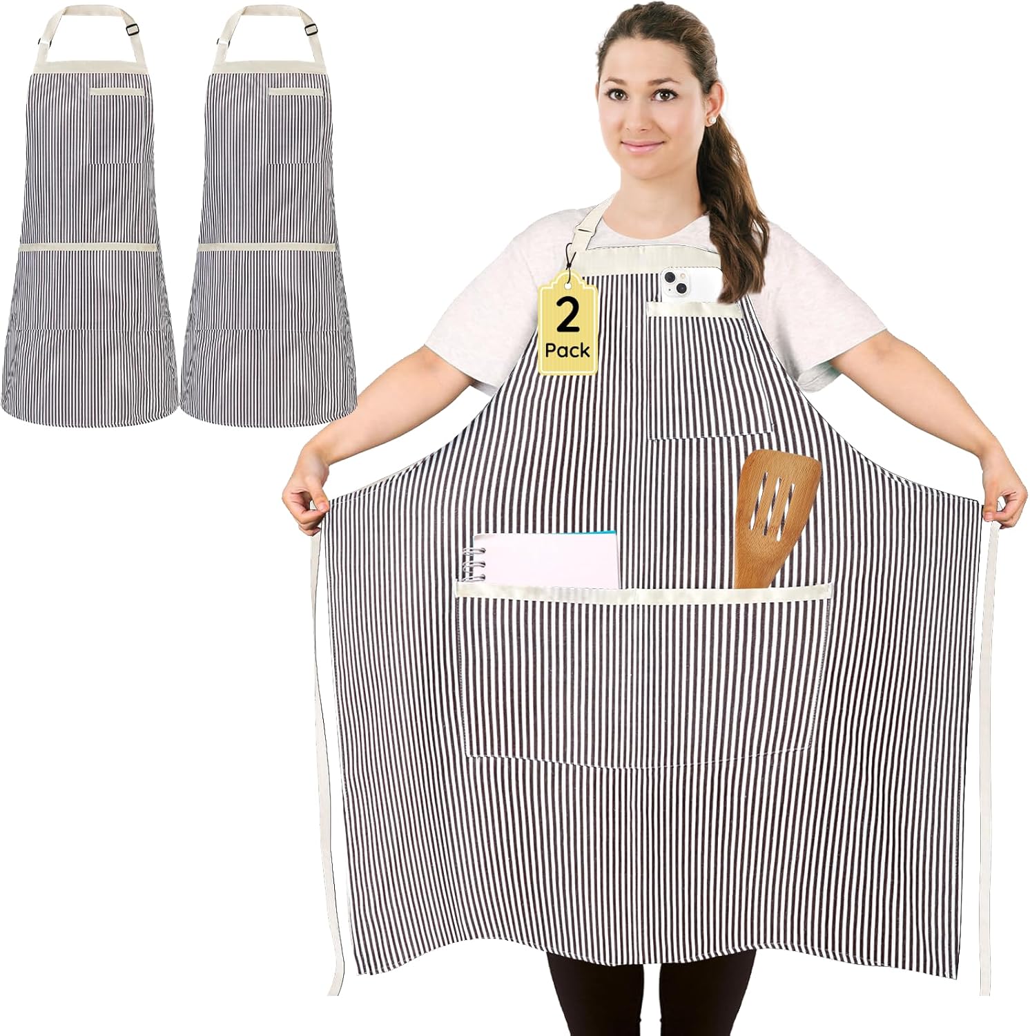 2 Pack Plus Size Stripe Kitchen Apron, Unisex Professional Large Chef Apron with 3 Pockets for Cooking, Work, Baking