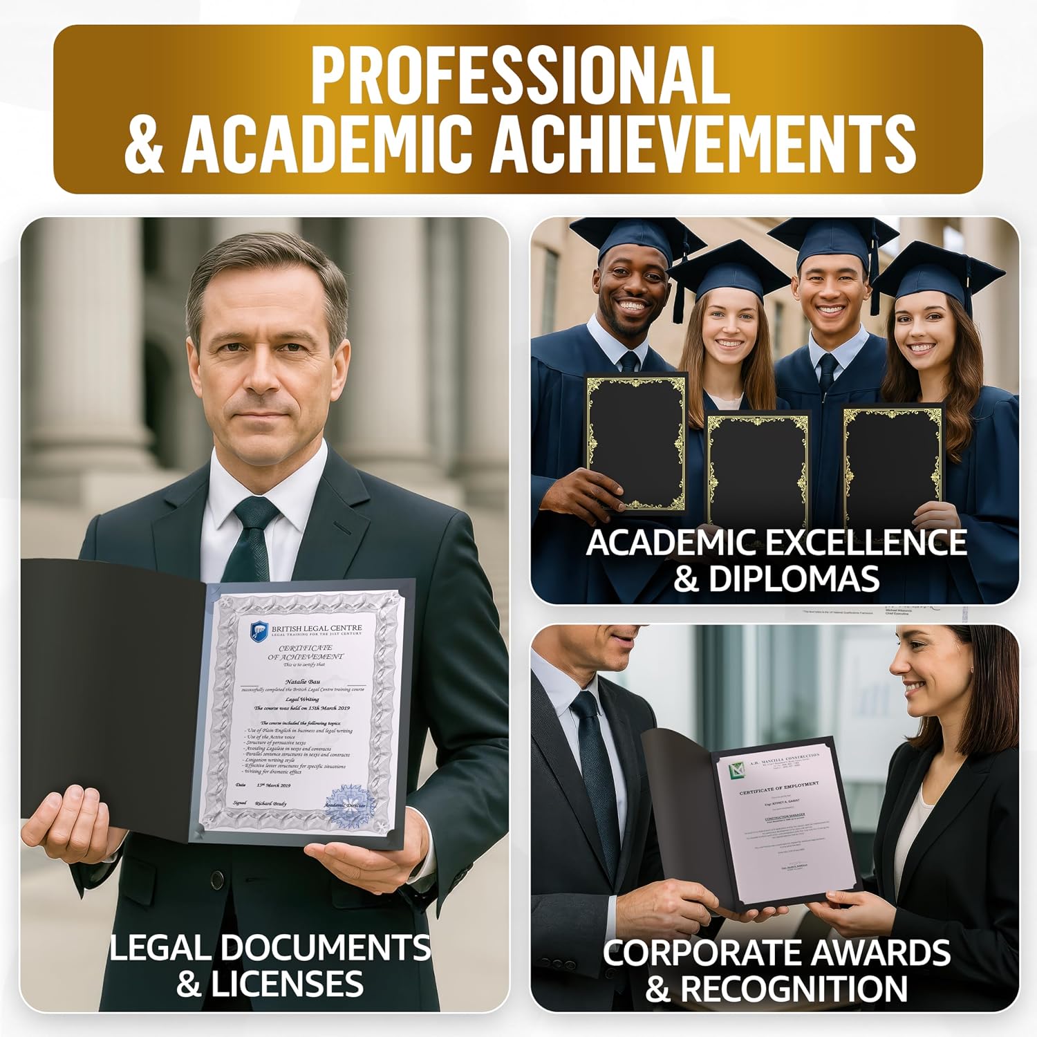 50 Pack Premium Black Certificate Holders 8.5 x 11 - Heavyweight 300gsm Cardstock Diploma Holder & Certificate Folder - Award Certificate Folders for Graduation with Gold Foil - Diploma Cover 8.5x11