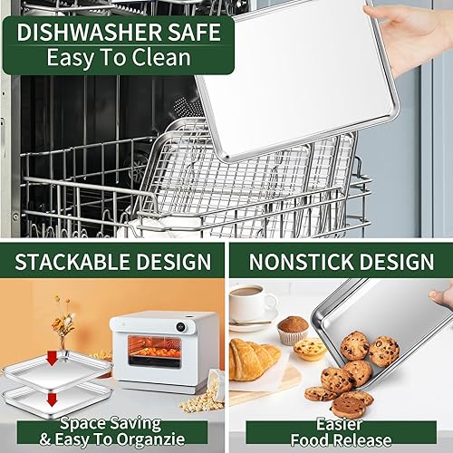 Miniatura 5 de CEKEE Juego de bandejas para hornear, media bandeja con estante de enfriamiento 2 sartenes para hornear + 2 estantes de alambre, hojas de galletas