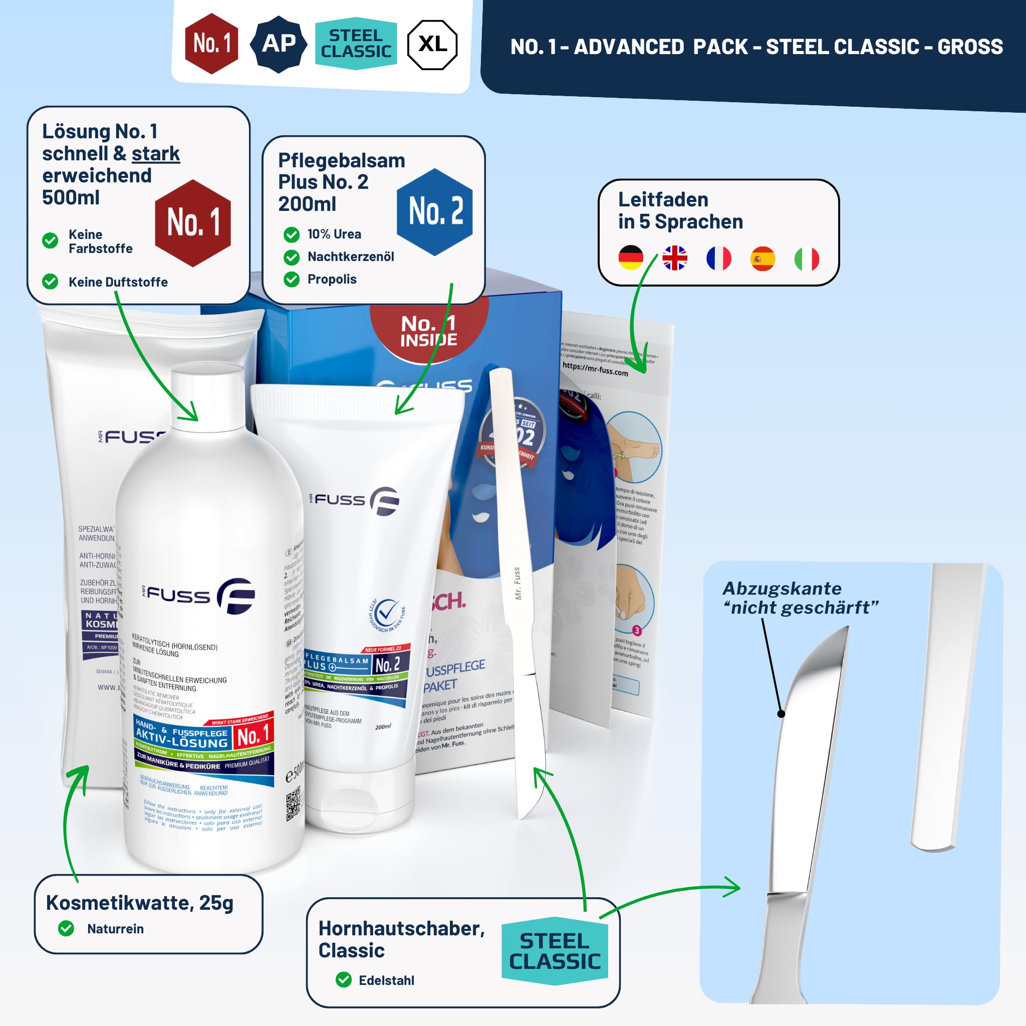 Mr. Fuss® No. 1 - Hornhautentferner Hand- und Fußpflege Set - Advanced Pack - 4 tlg. - Nagelhautentfernung - Schnell & Stark Erweichend Wirkend, Lösung, Balsam, Watte, Instrumente