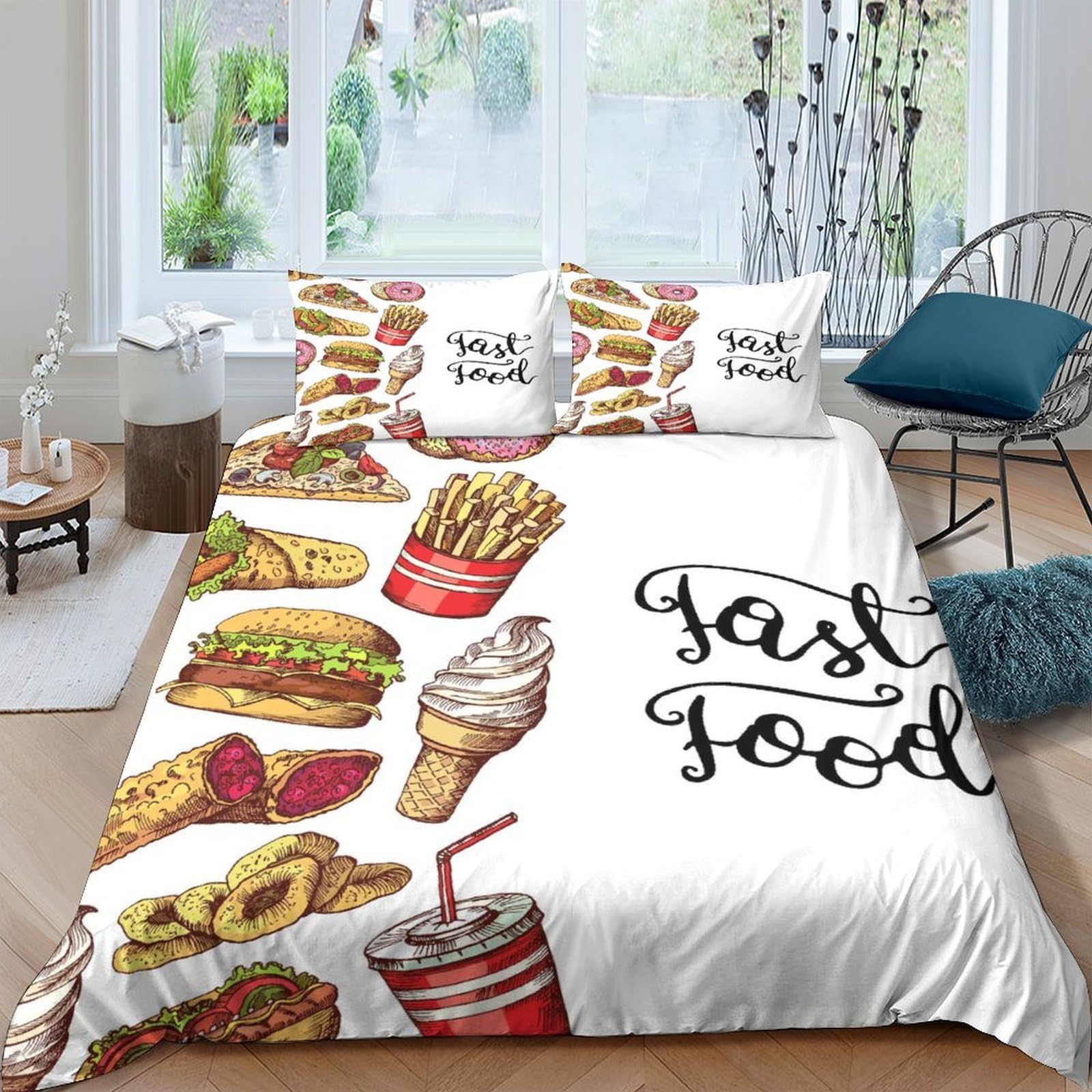 Ctjqhvkz Style-1 3D Printed Fast Food Theme Fitted Sheet Microfiber Soft French Fries Bed Cover For Bedroom Dorm Mattress Decor Single（135X200cm）