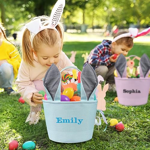 Miniatura 4 de Cestas de Pascua personalizadas para bebé, canasta de Pascua de PEMIRSAYO para niños, canastas de conejo de Pascua, color azul