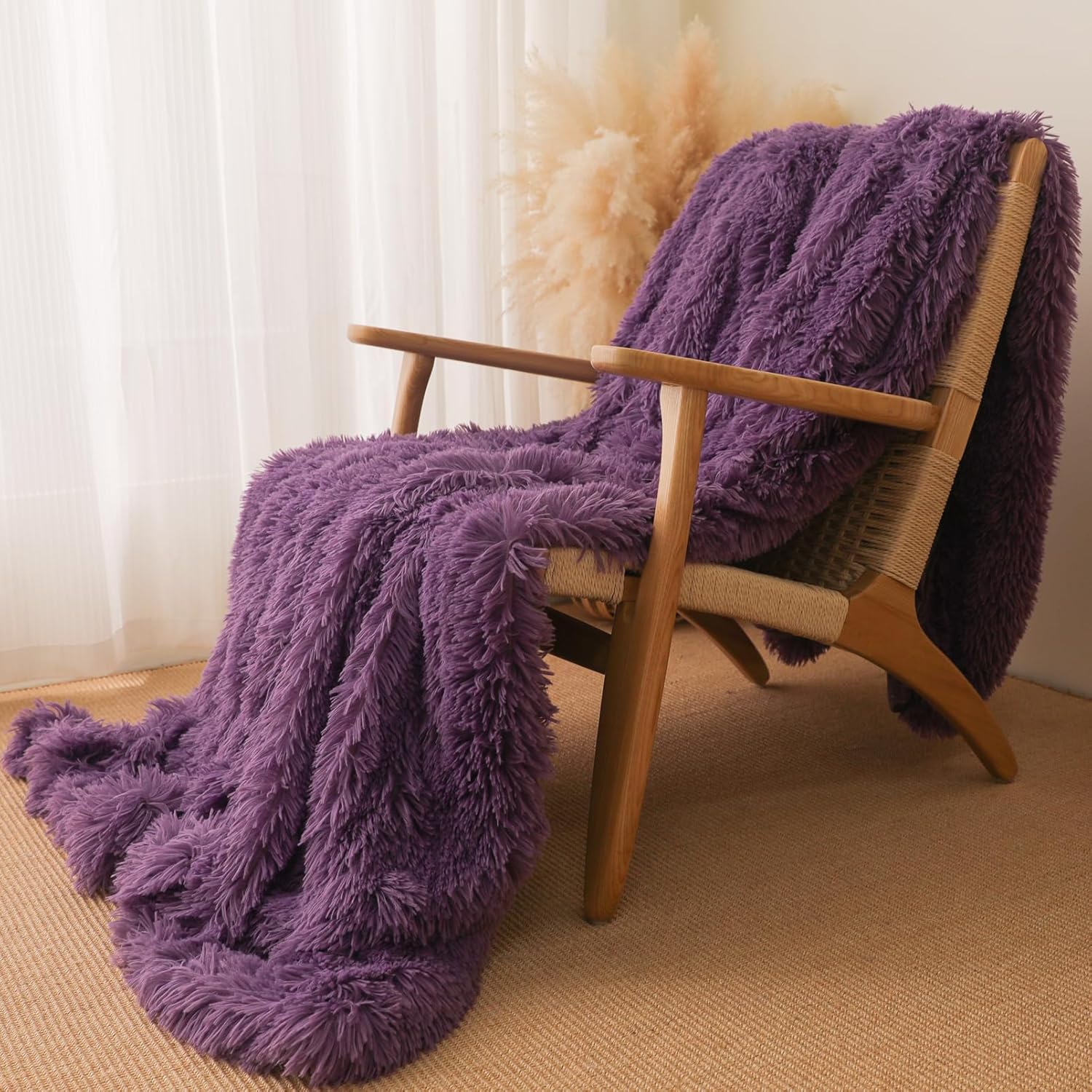 Extra Soft Faux Fur Throw Blanket 50"x60" - Reversible Fluffy Shaggy Double Layer Plush for Couch Sofa Bed, Solid Fuzzy Long Hair Microfiber Comfy Decorative Cozy, Purple - Image 3