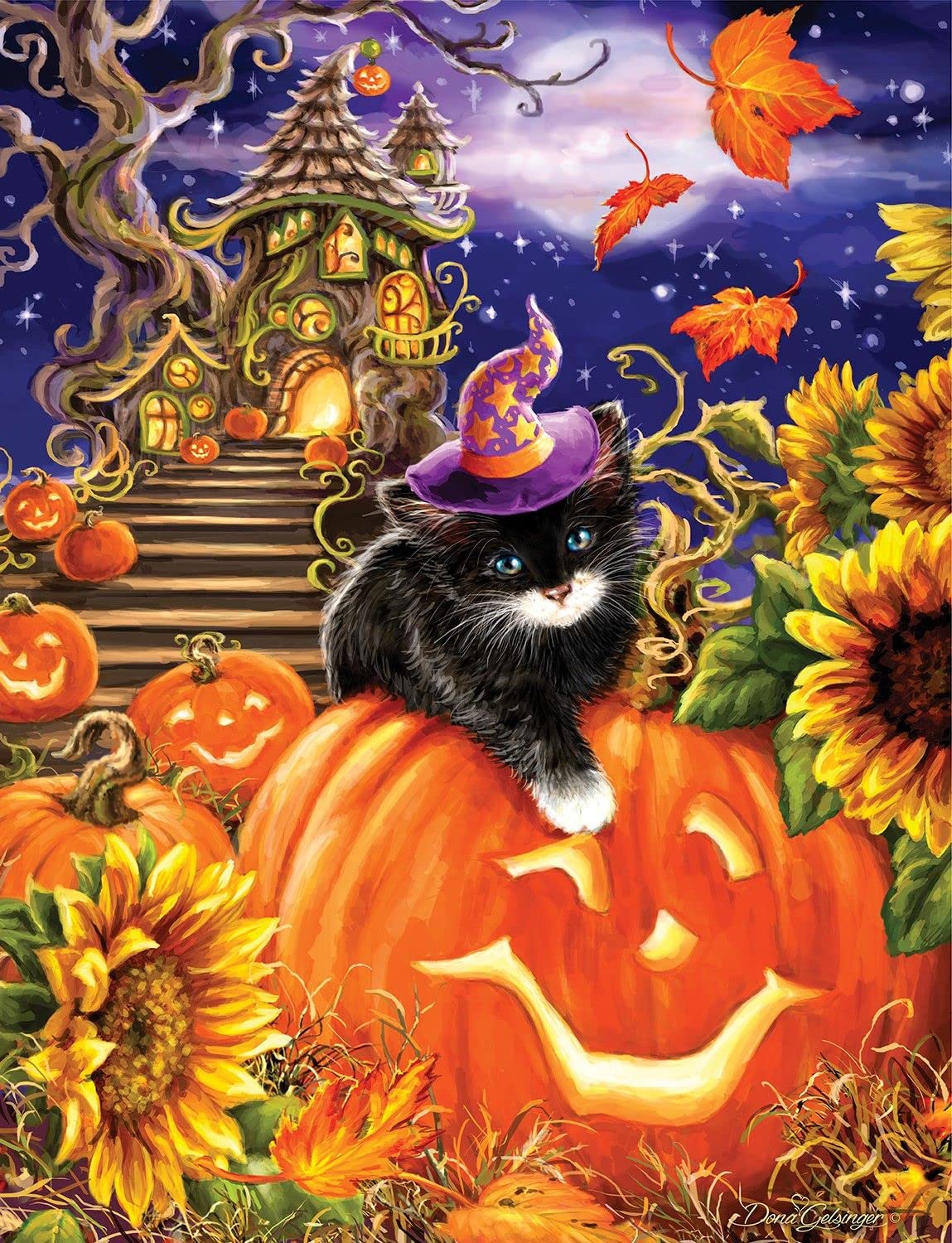 SpringbokSpellbound Night - 500 Piece Jigsaw Puzzle- Black Cat, Sunflowers and Pumpkins Usher in Halloween