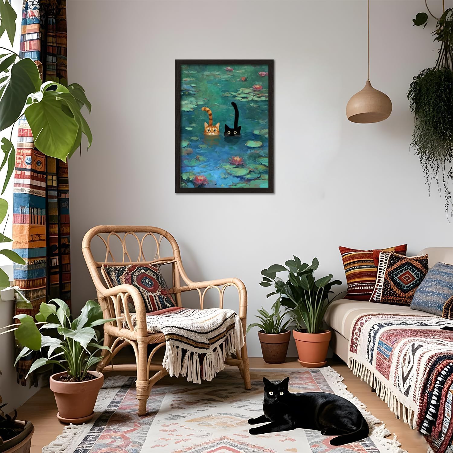 Funny Cat Wall Art Vintage Monet Water Lilies Cat Canvas Painting, Whimsical Cute Cat Poster Print Artwork for Bathroom Bedroom Living Room Home Decor Black Frame12x16 Inch
