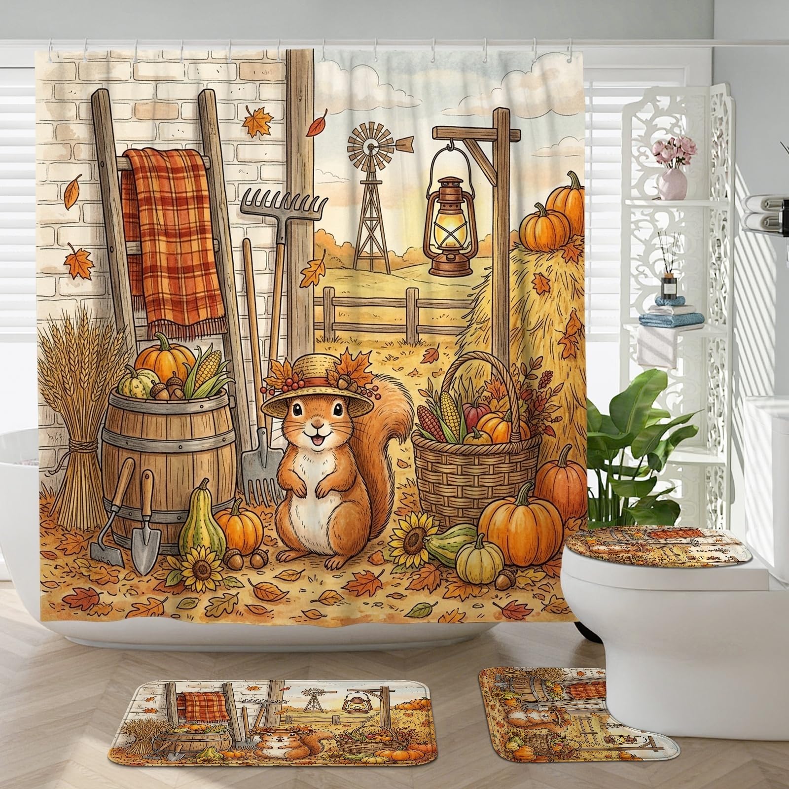 Rideau de douche écureuil avec tapis de bain en U et crochets pour décoration d'automne