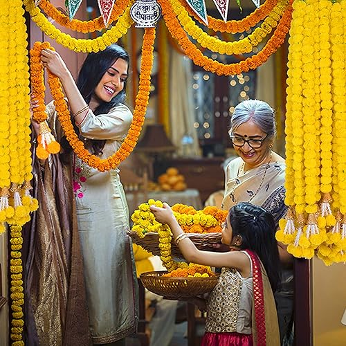 Vista 3 de Guirnalda de caléndula para decoración, 5 piezas de 5 pies de largo, flores artificiales de caléndula con campana, decoración india para Amarillo