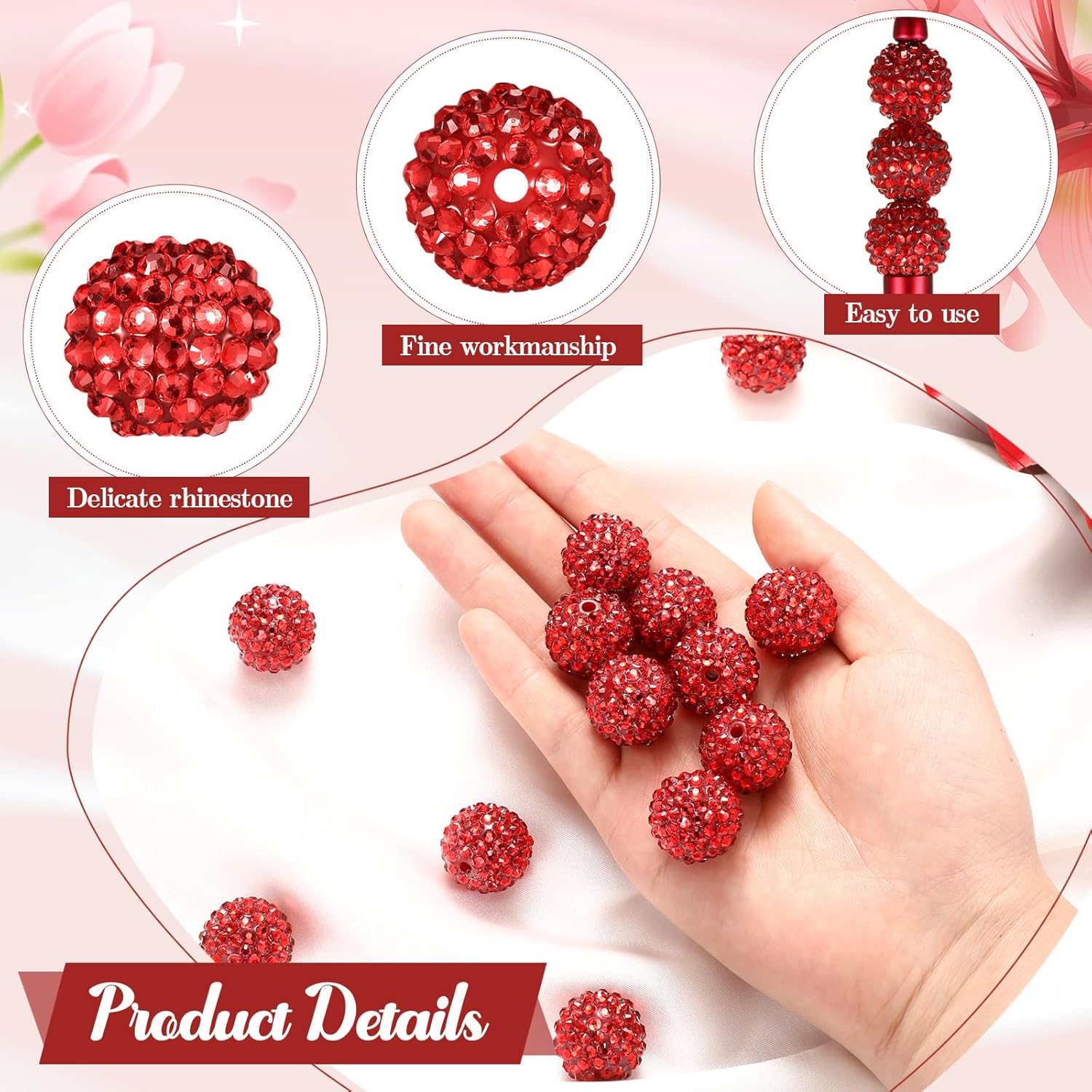 40 Pcs 20 mm Rhinestone Beads Bulk Crystal Round Disco Ball Chunky Bubblegum Beads for Pens Bracelets Charms Craft European Style Jewelry Making Supplies Christmas(Red) - Image 3