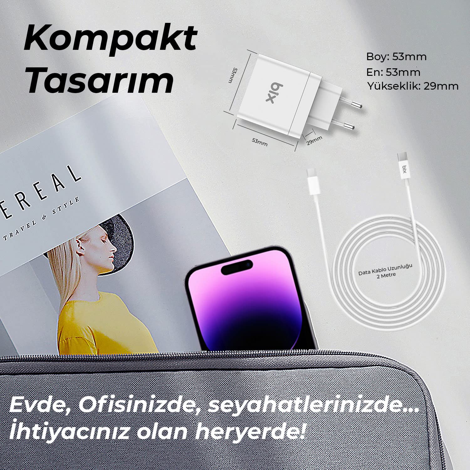 Bix BXUC65FTA 65W PD Typ-C Girişli Macbook Pro/Air Şarj Cihazı, MacBook Air/Pro 13/14/15/16 İnç Led Göstergeli ve Tüm Type-C Cihazlarıyla Uyumlu 2 Metre Type-C’den Type-C’ye Kablo