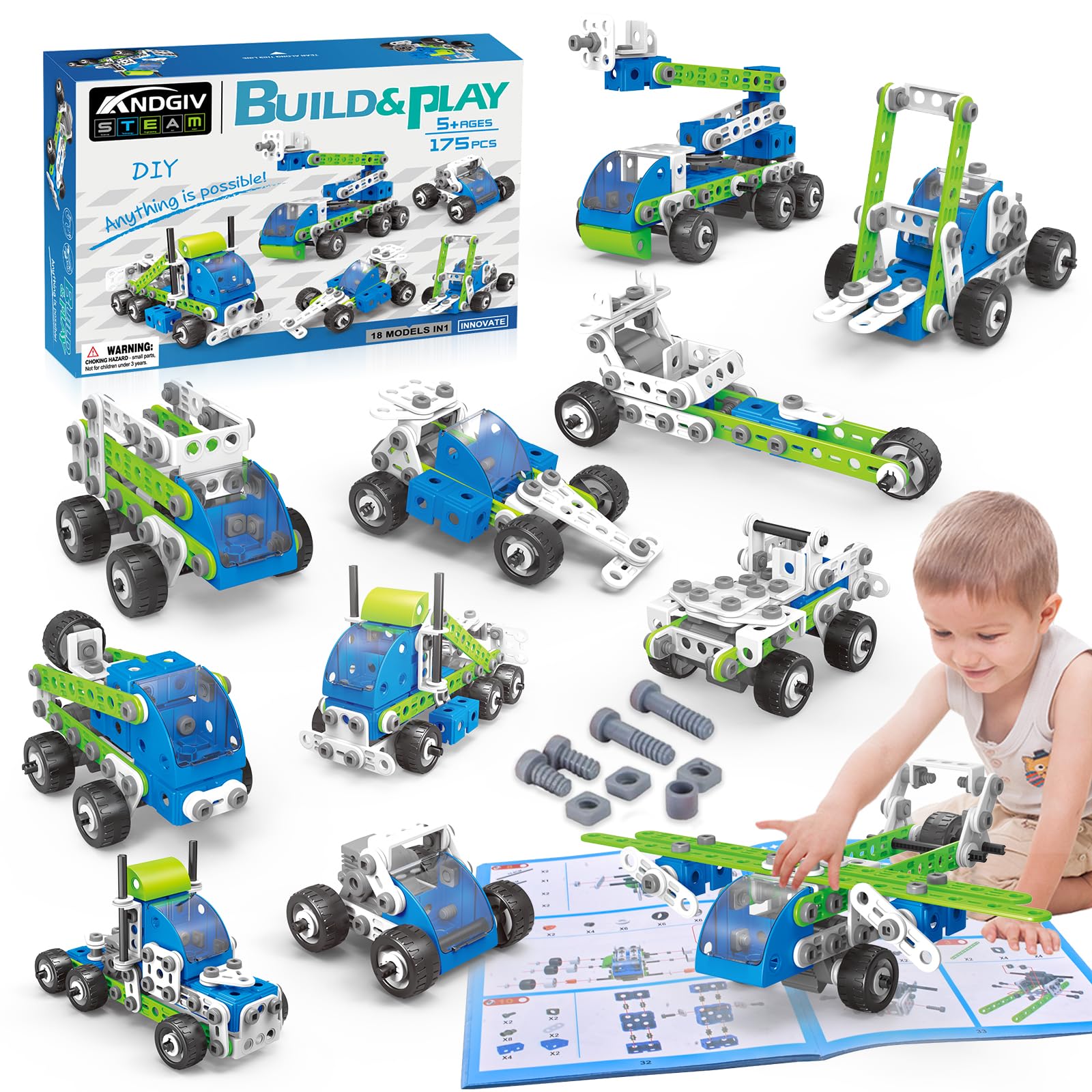 STEM Building Toys for Kids Ages 4-8, 175 Pcs Educational Construction Kit, Building Blocks Set, 18 in 1 Creative Engineering Pull Back Cars, Birthday Gift for Boys & Girls 4 5 6 7 8 9 10 Year Old