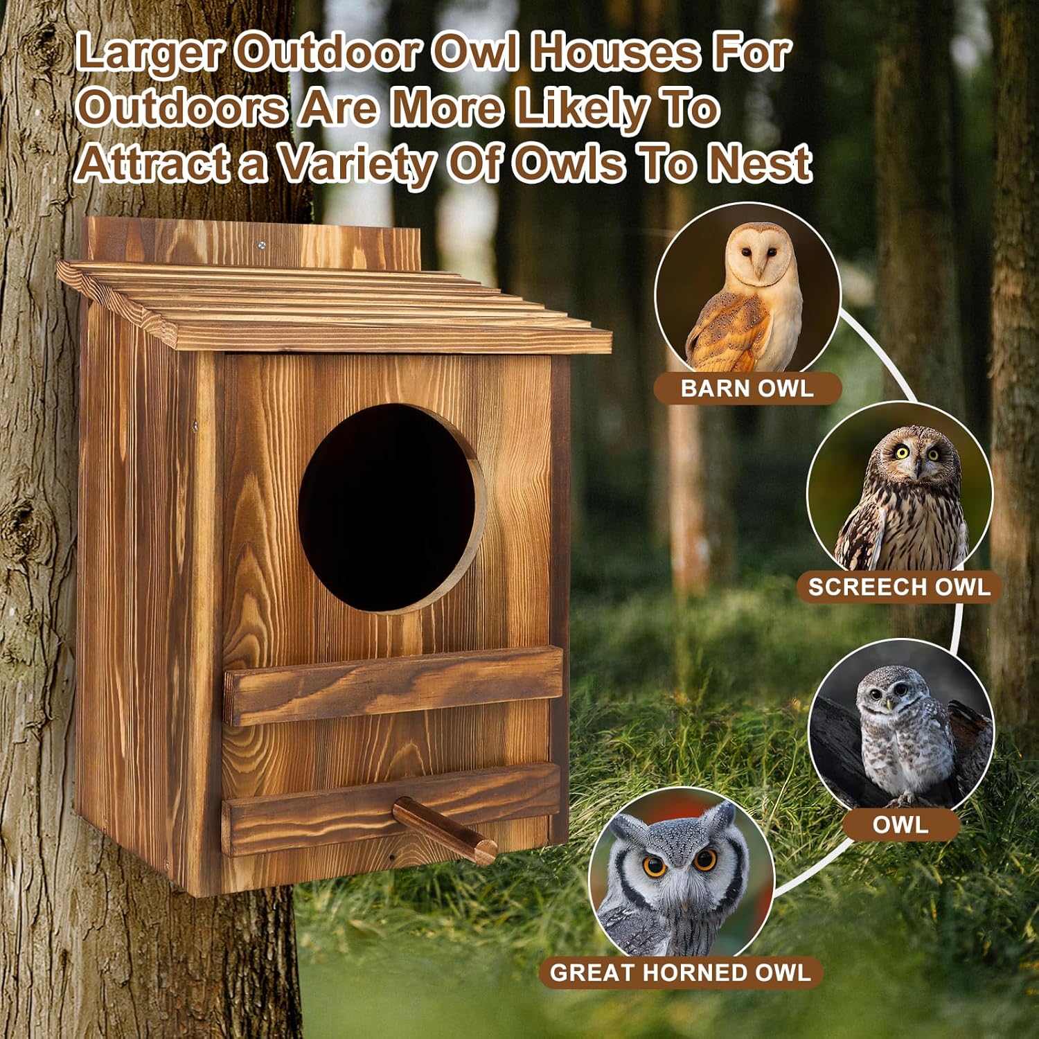 Owl Houses for Outdoors， 16.1x11.8x9.5 inch Large Carbonized Barred Owl Nesting Box, Waterproof & Ventilated Design, Ideal for Owls, Wildlife, Garden Decoration