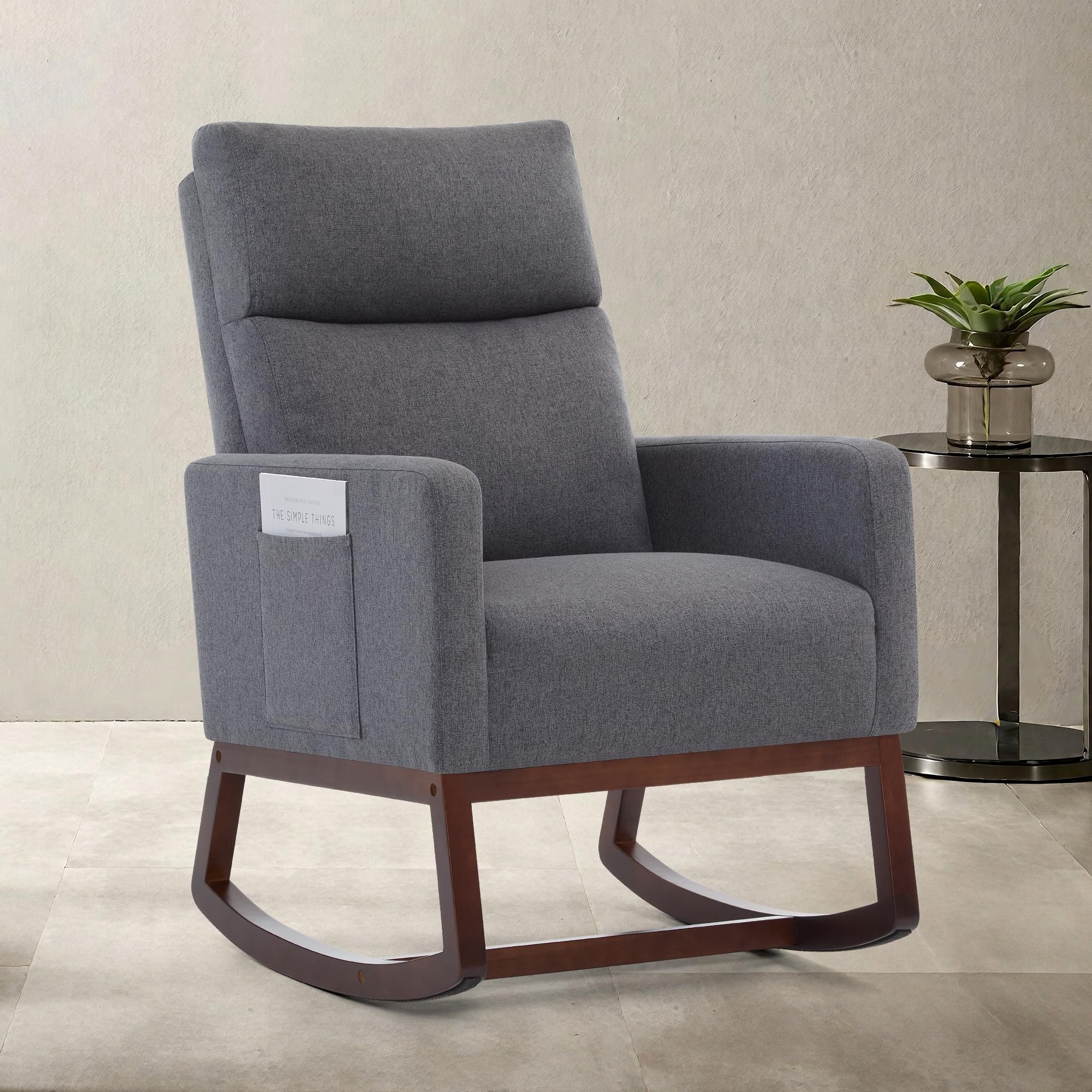 AUNEKIV Rocking Chair Nursery, Modern Upholstered Glider Rocker Chairs with Wood Legs and Side Pockets Comfy High Back Nursing Armchair for Small Spaces Indoor Living Room Bedroom Grey